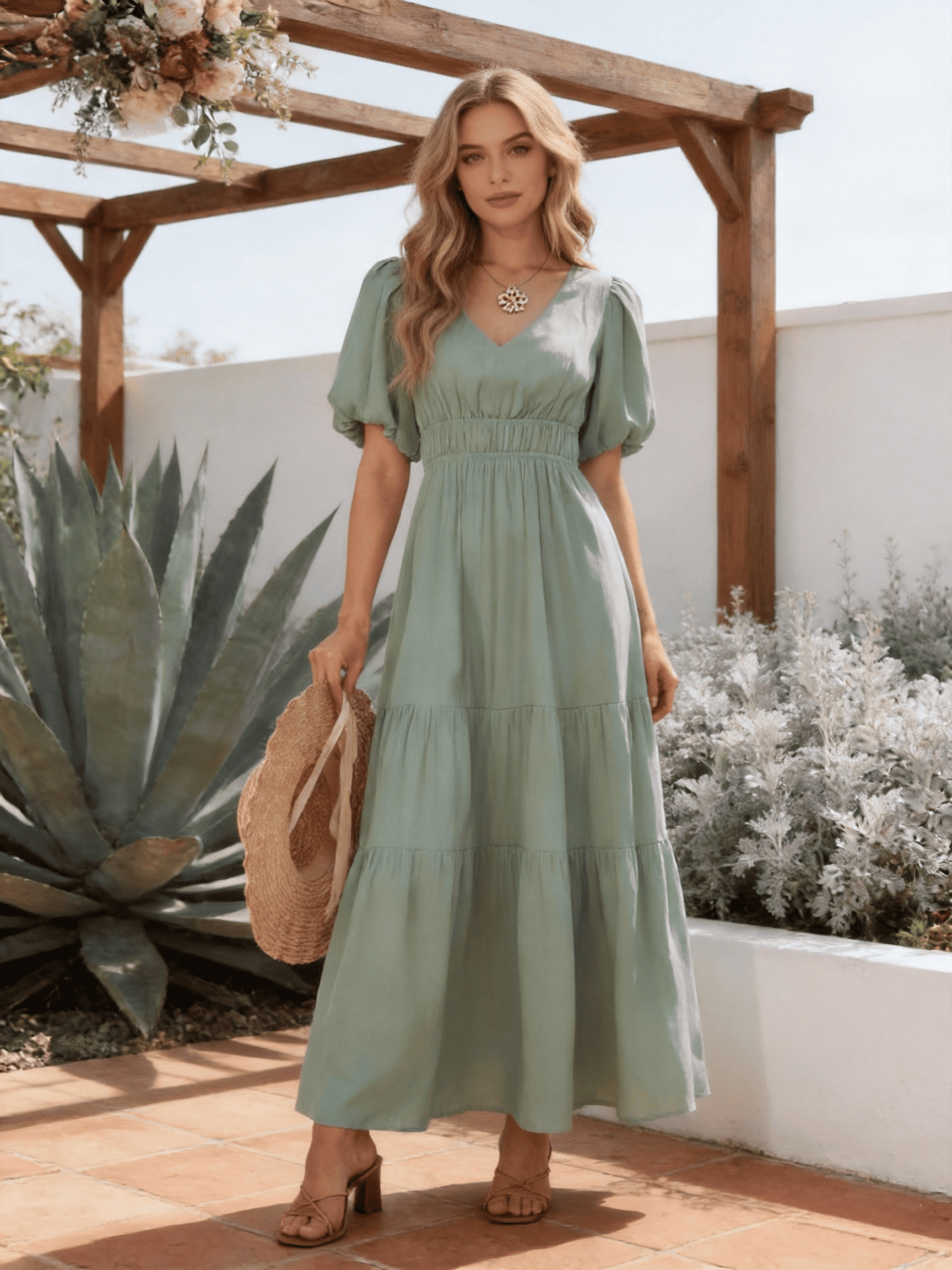 Women's Mint Green V-Neck Puff Sleeve Smocked Waist Tiered Maxi Dress