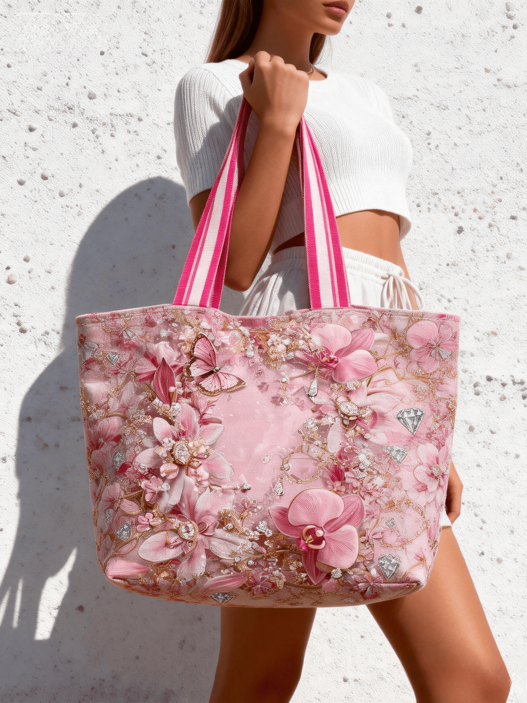 Pink Beaded Butterfly & Floral Tote Bag