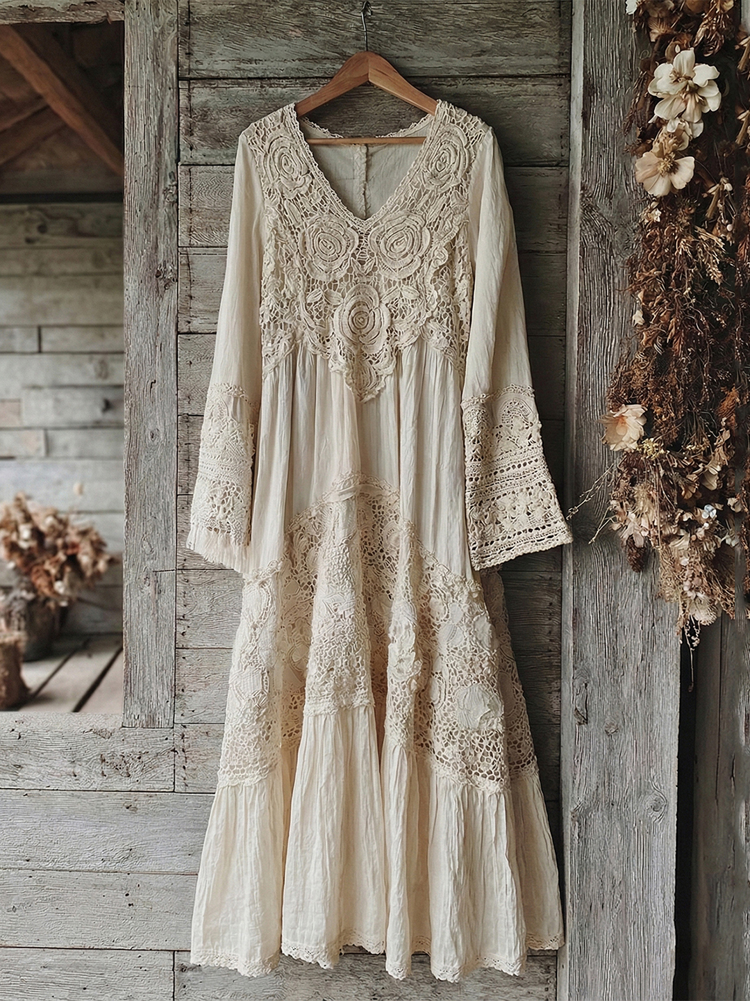 Women's Retro Lace Floral Pattern V-neck Midi Dress