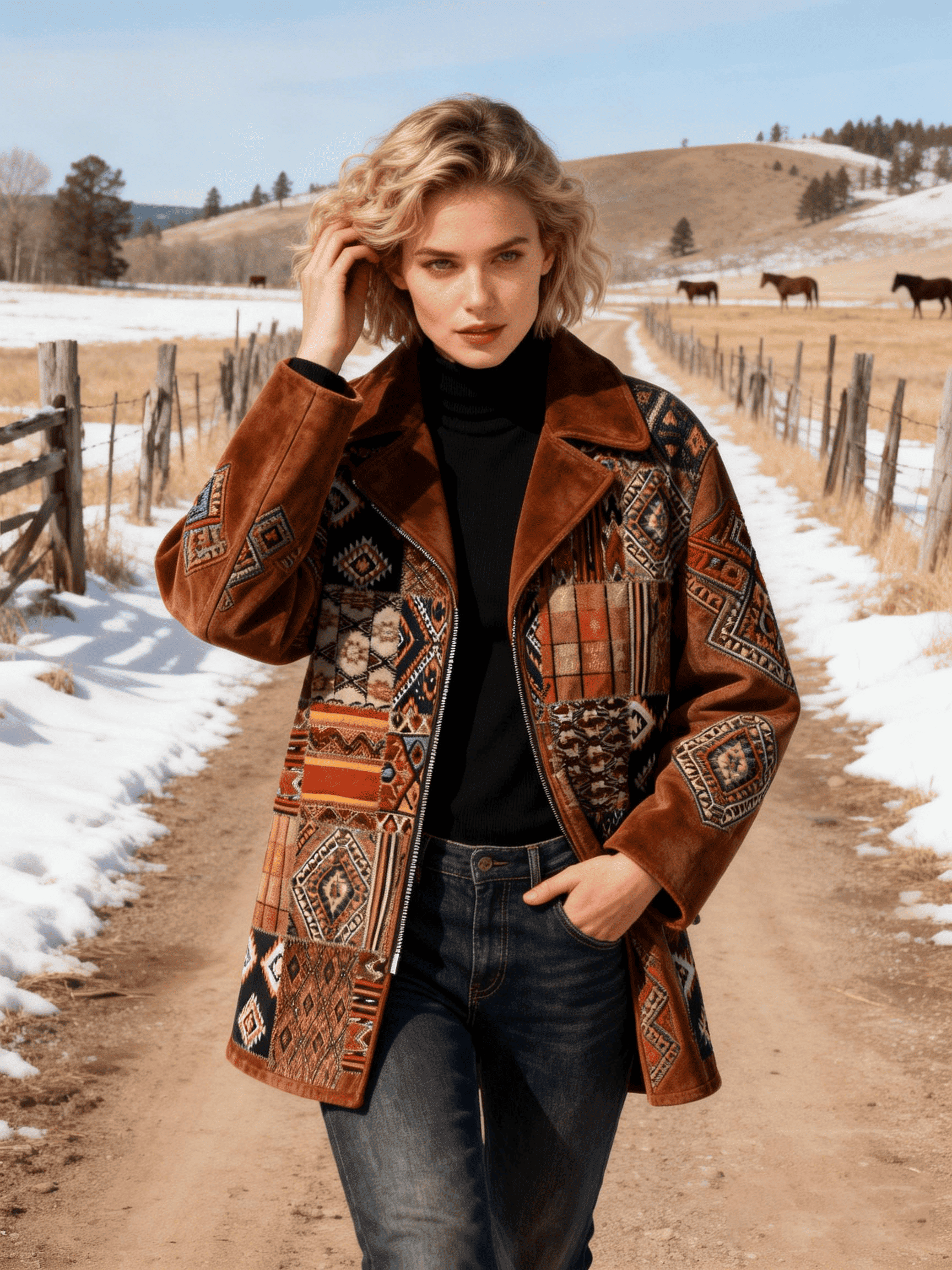 Women's Vintage Western Suede Patchwork Ethnic Geometric Color-Block Mid-Length Coat