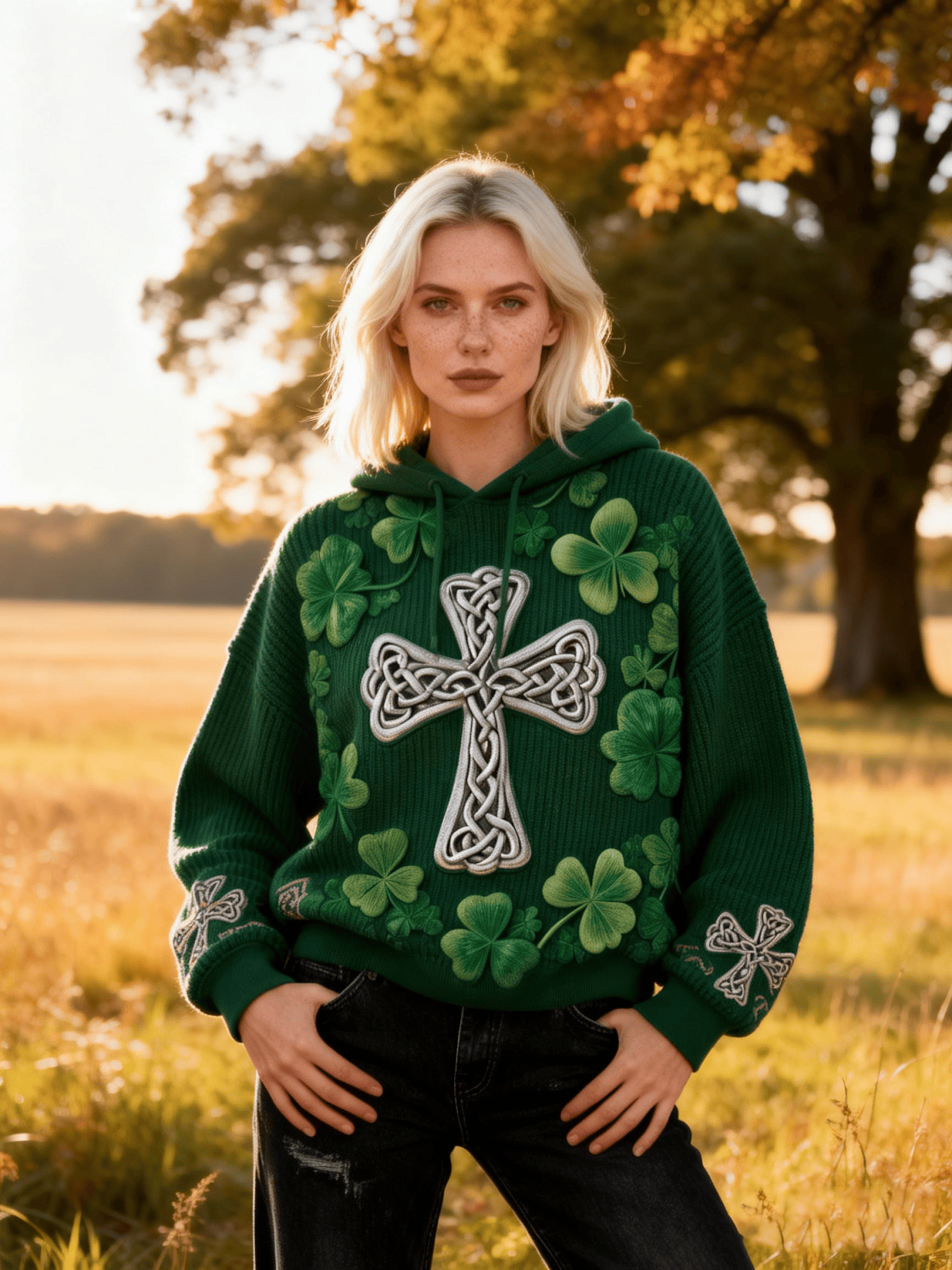 Women's St. Patrick's Day Celtic Knot Cross & Clover Accent Oversized Hooded Knitwear