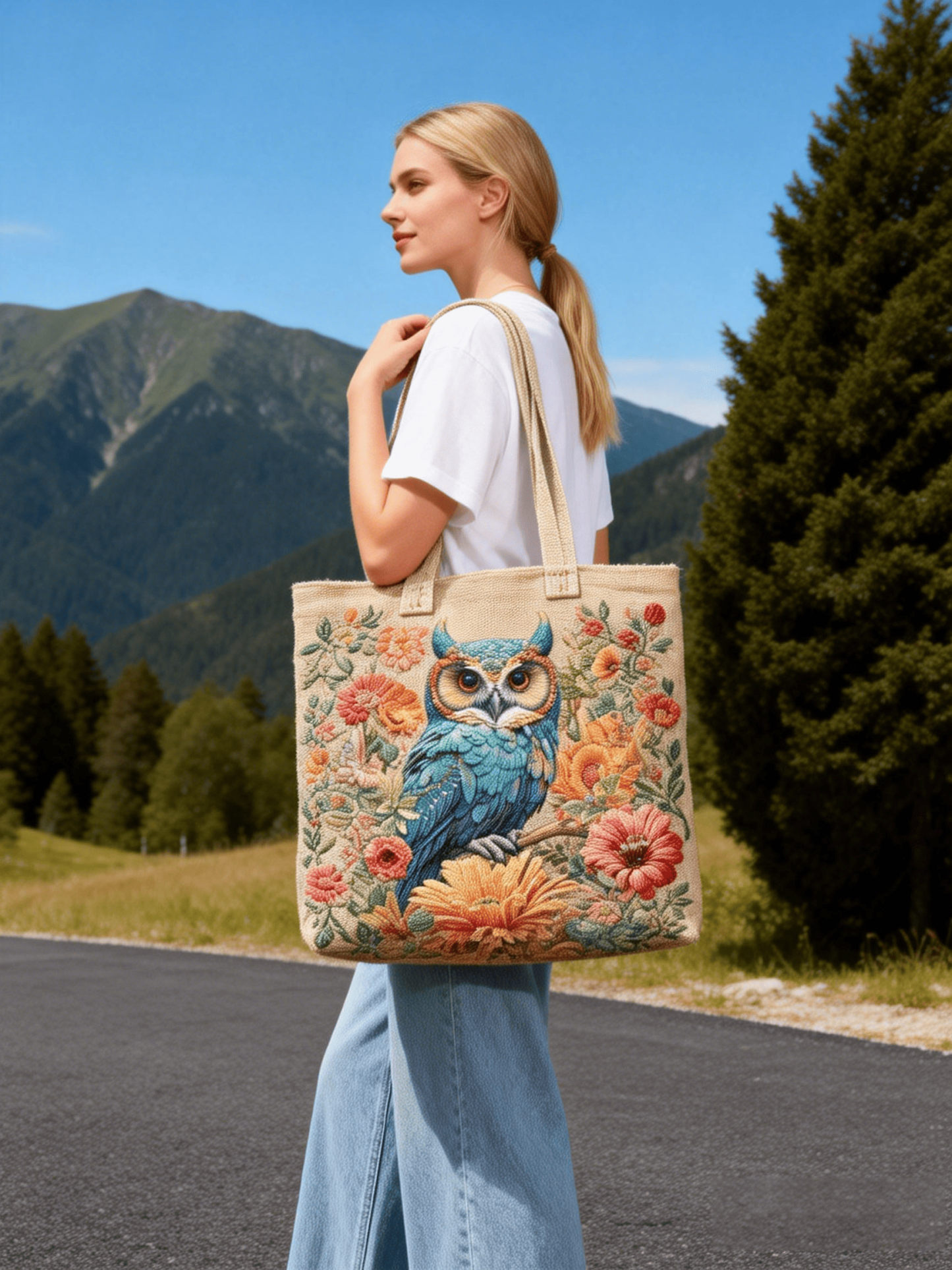 Blue Owl & Floral Embroidered Tote Bag