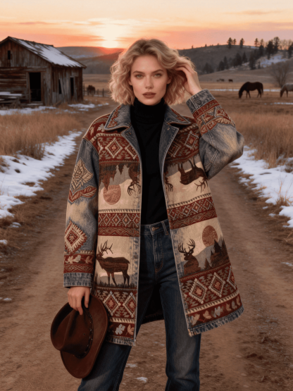 Women's Vintage Denim Patchwork Ethnic Elk Totem Western Sunset Mid-Length Coat