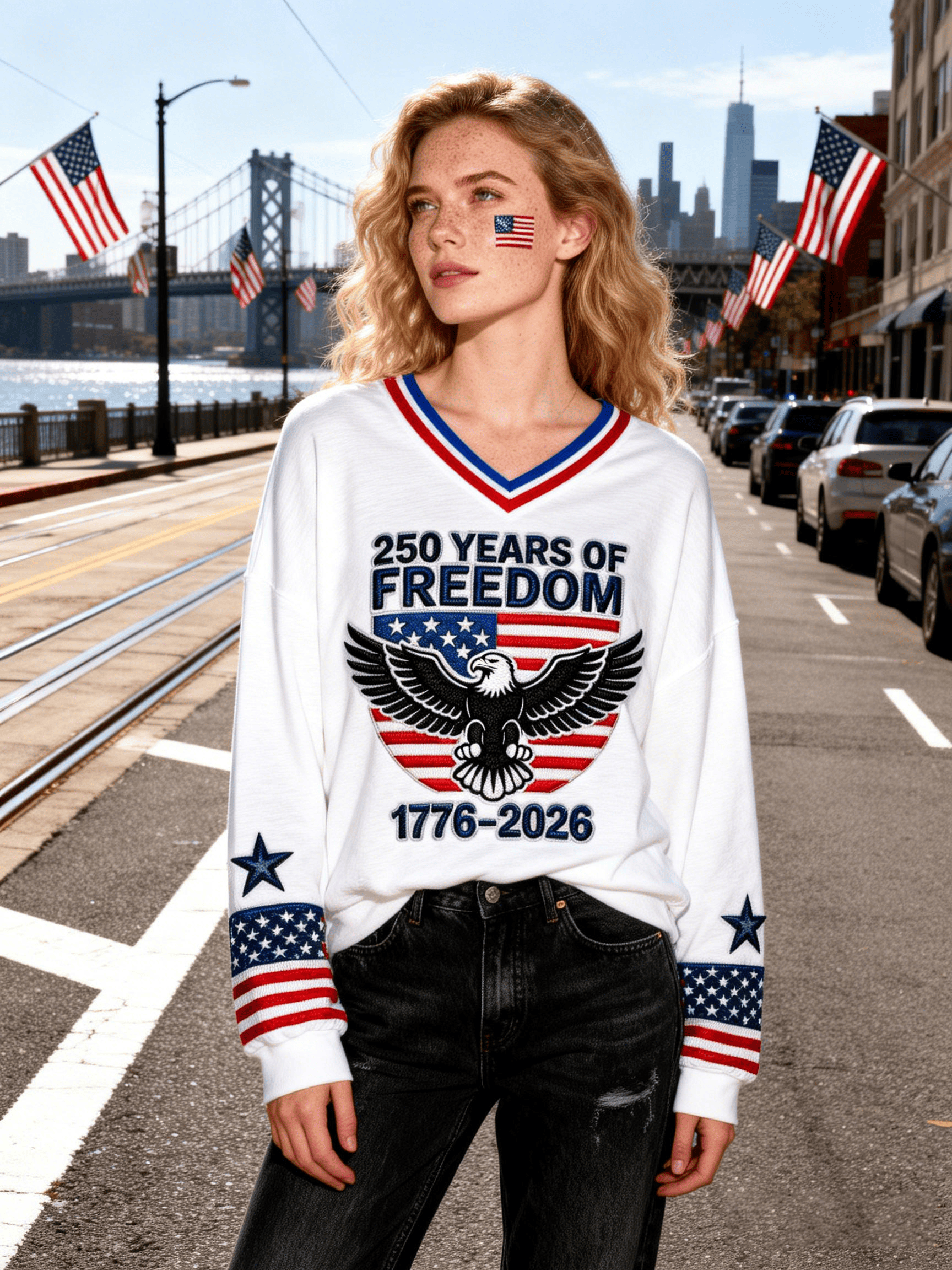 Women's USA 250th Eagle & Flag Freedom V-Neck Sweater
