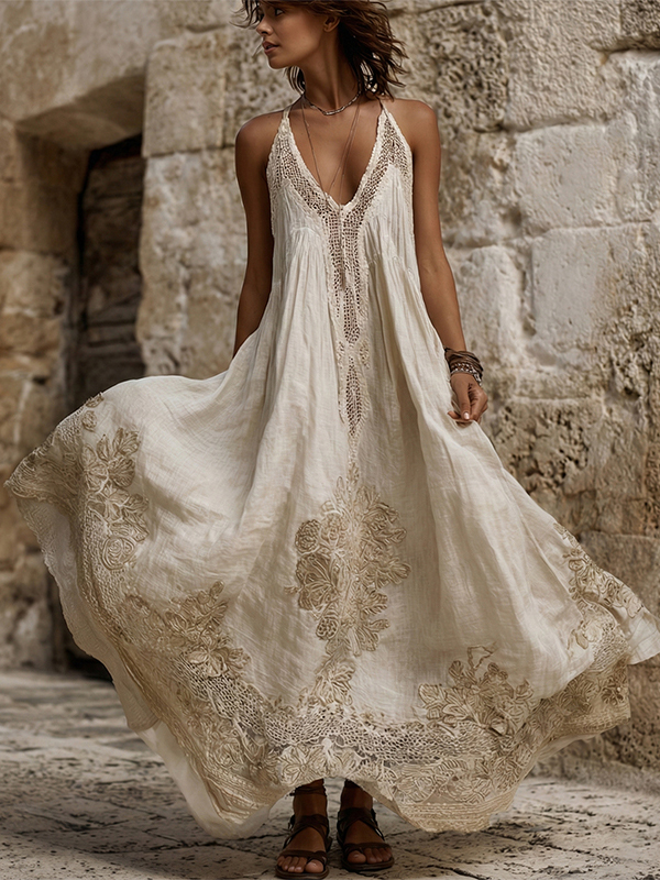 Women's Vintage Floral Lace Embroidered Art Suspender Midi Dress