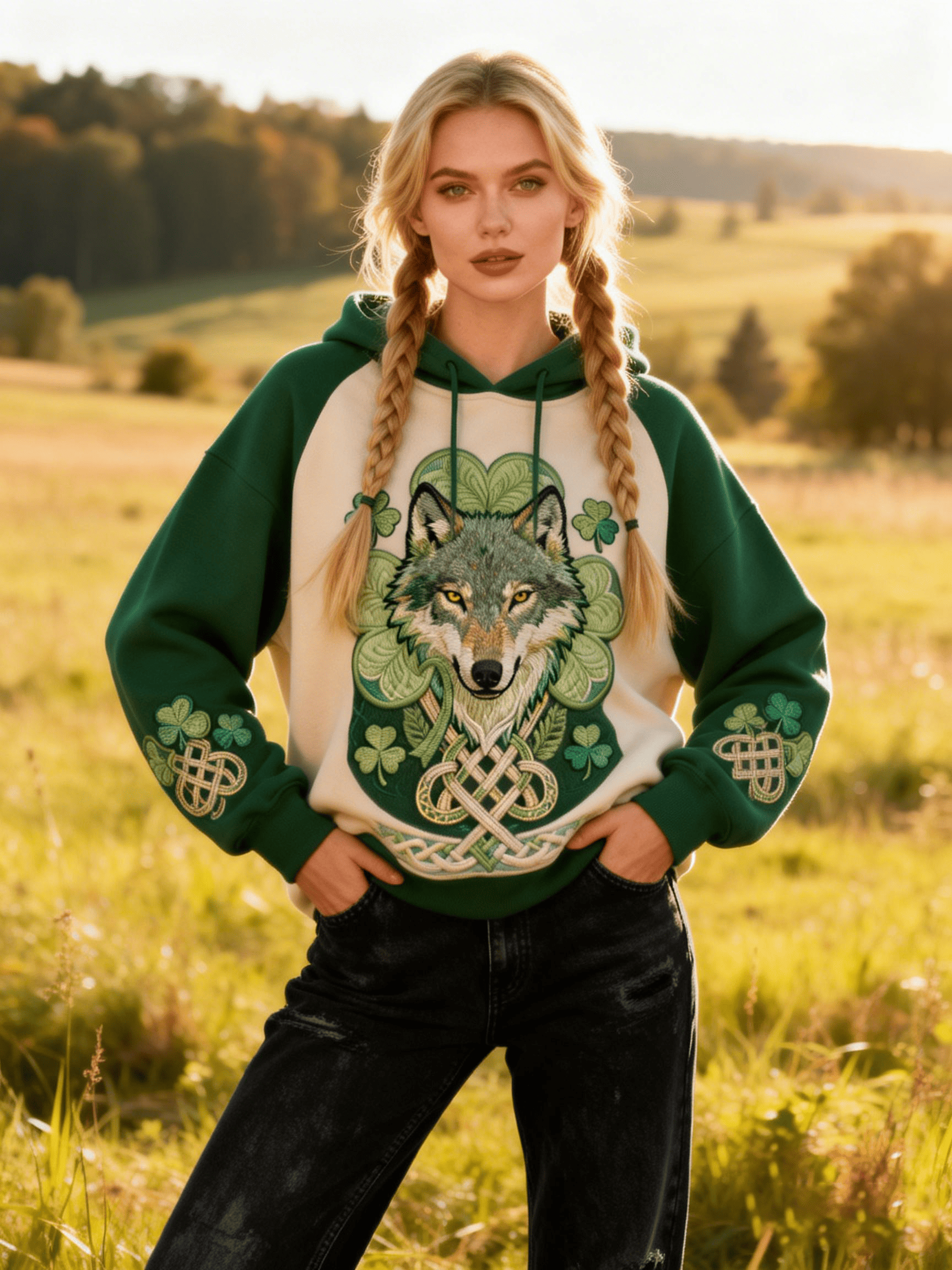 Women's St. Patrick's Day Color-Block Wolf Head & Celtic Knot Clover Embroidered Hoodie