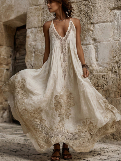 Women's Vintage Floral Lace Embroidered Art Suspender Midi Dress