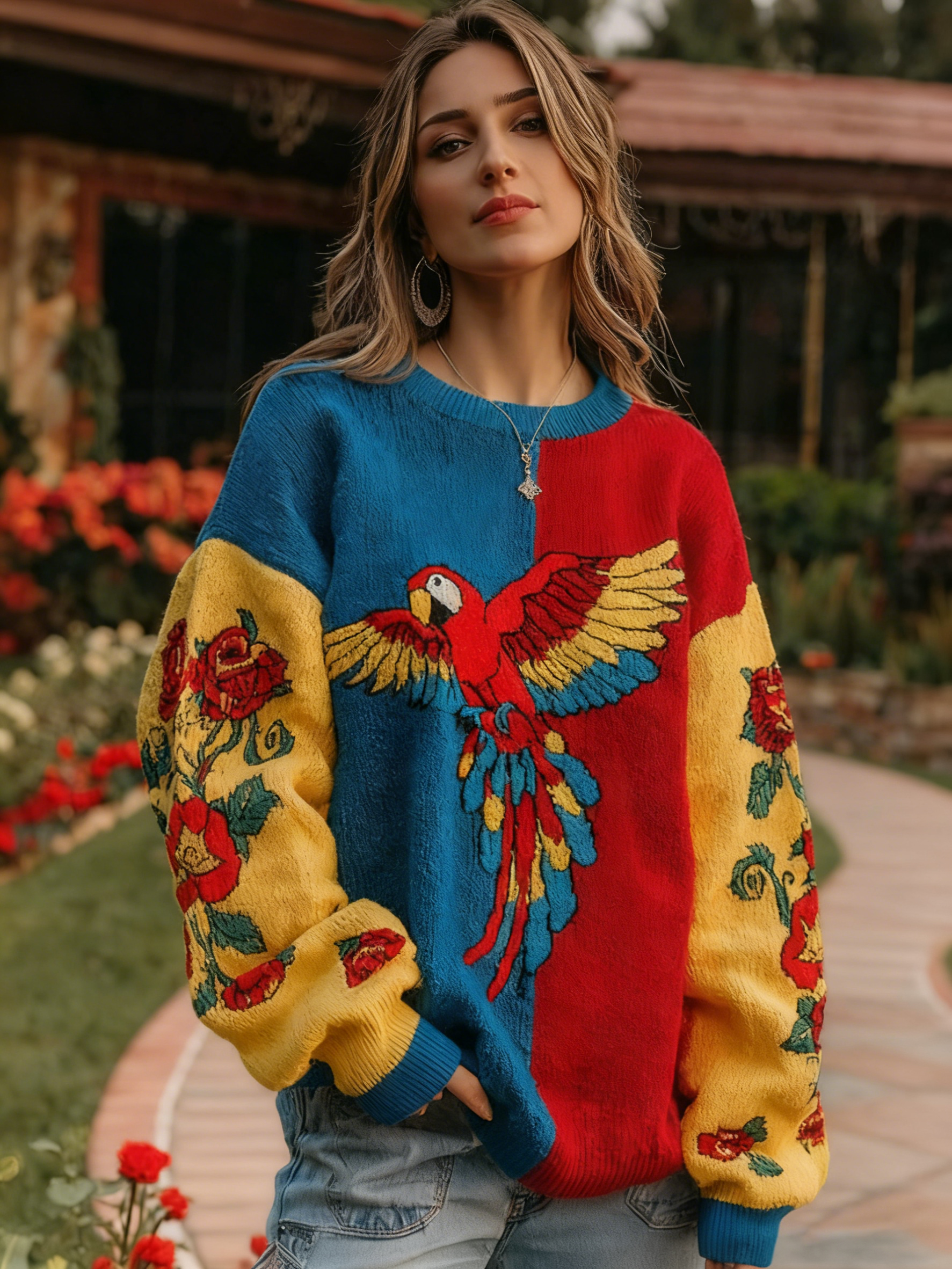 Women's Vintage Venezuelan Parrot And Floral Crew Neck Sweater