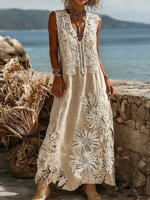 Women's Fashion Floral Lace Patchwork Sleeveless Dress