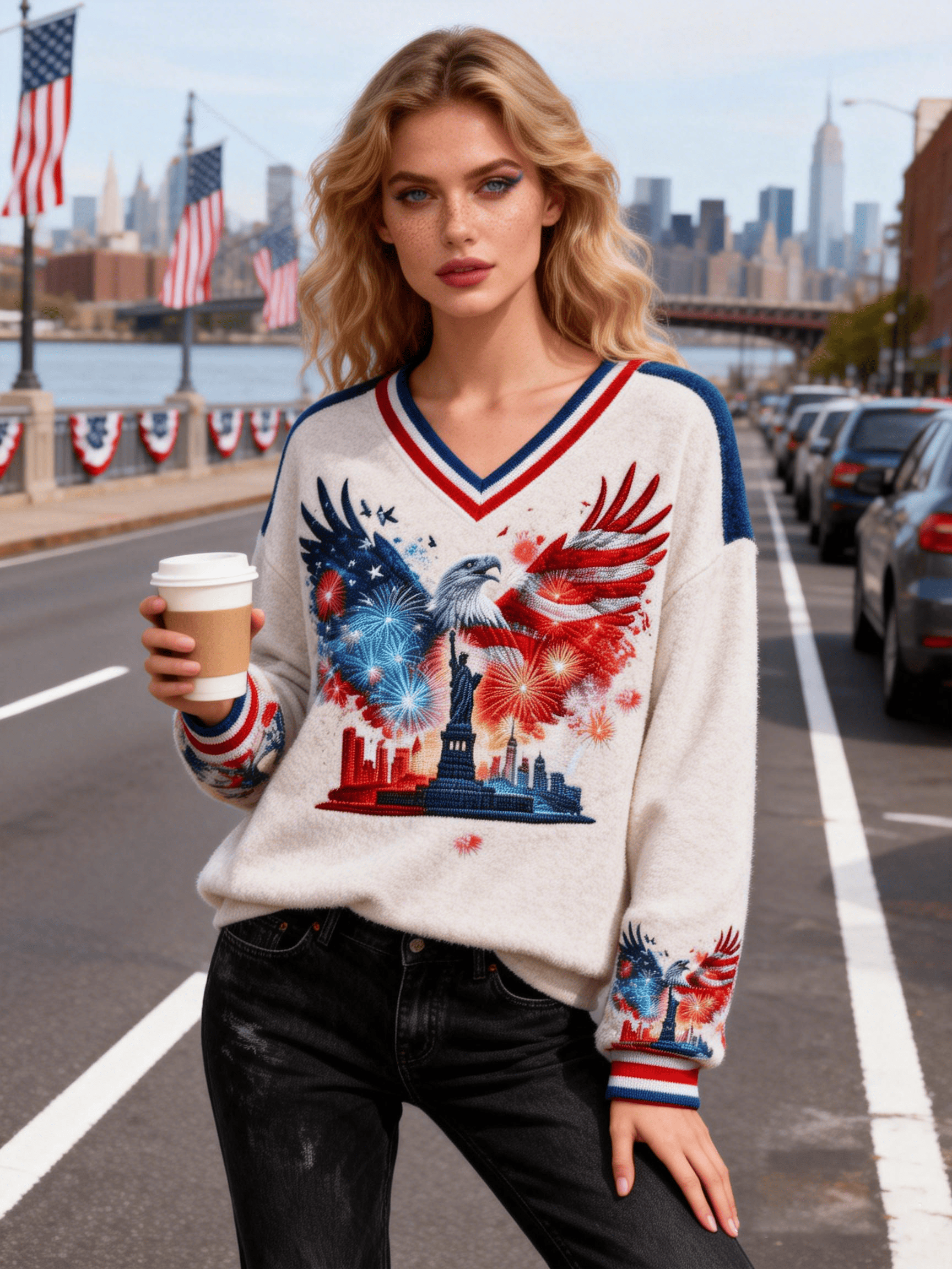 Women's USA 250th Statue of Liberty Eagle Fireworks V-Neck Sweater