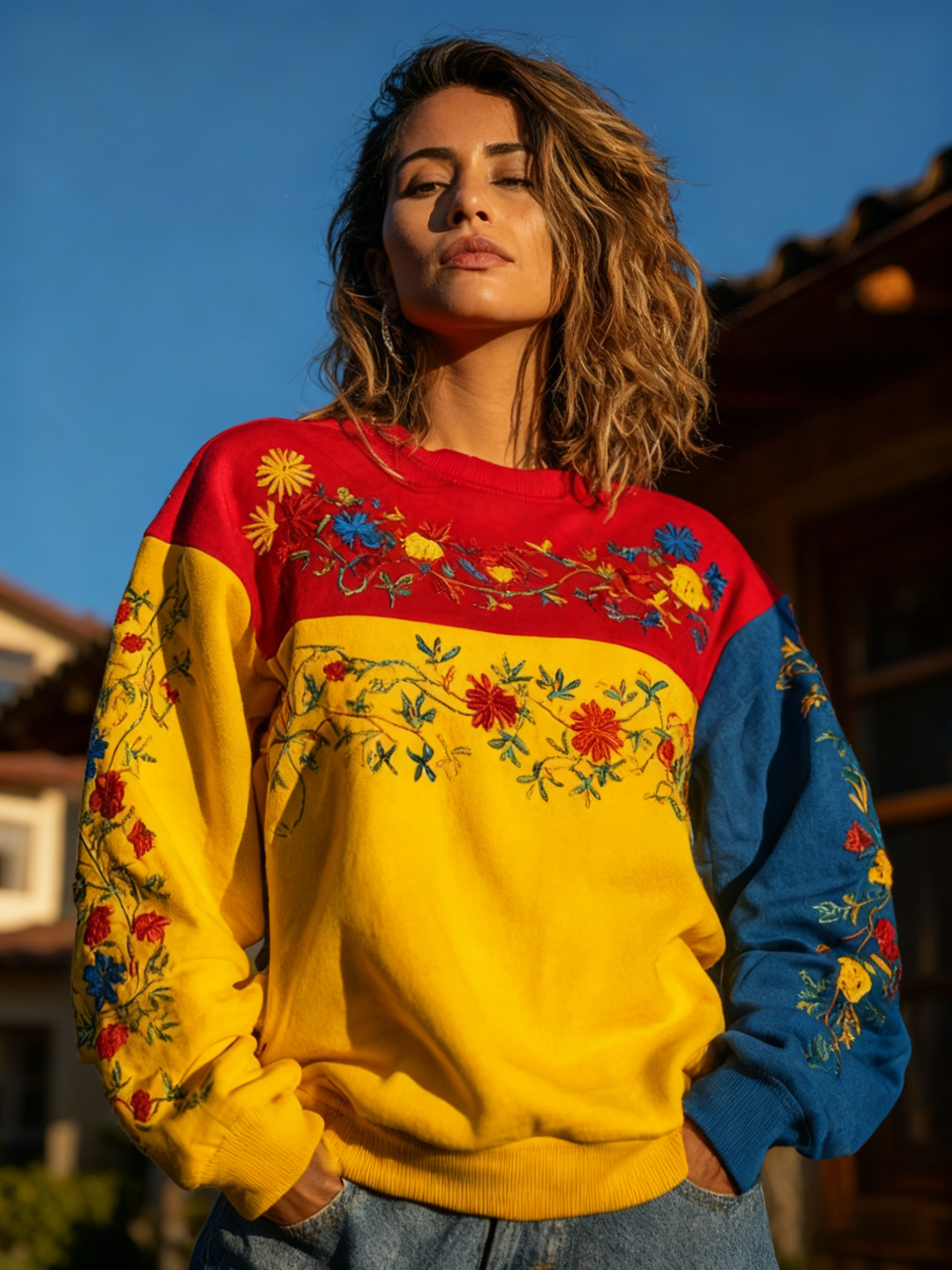 Women's Venezuelan Traditional Floral Pattern Casual Crew Neck Sweatshirt