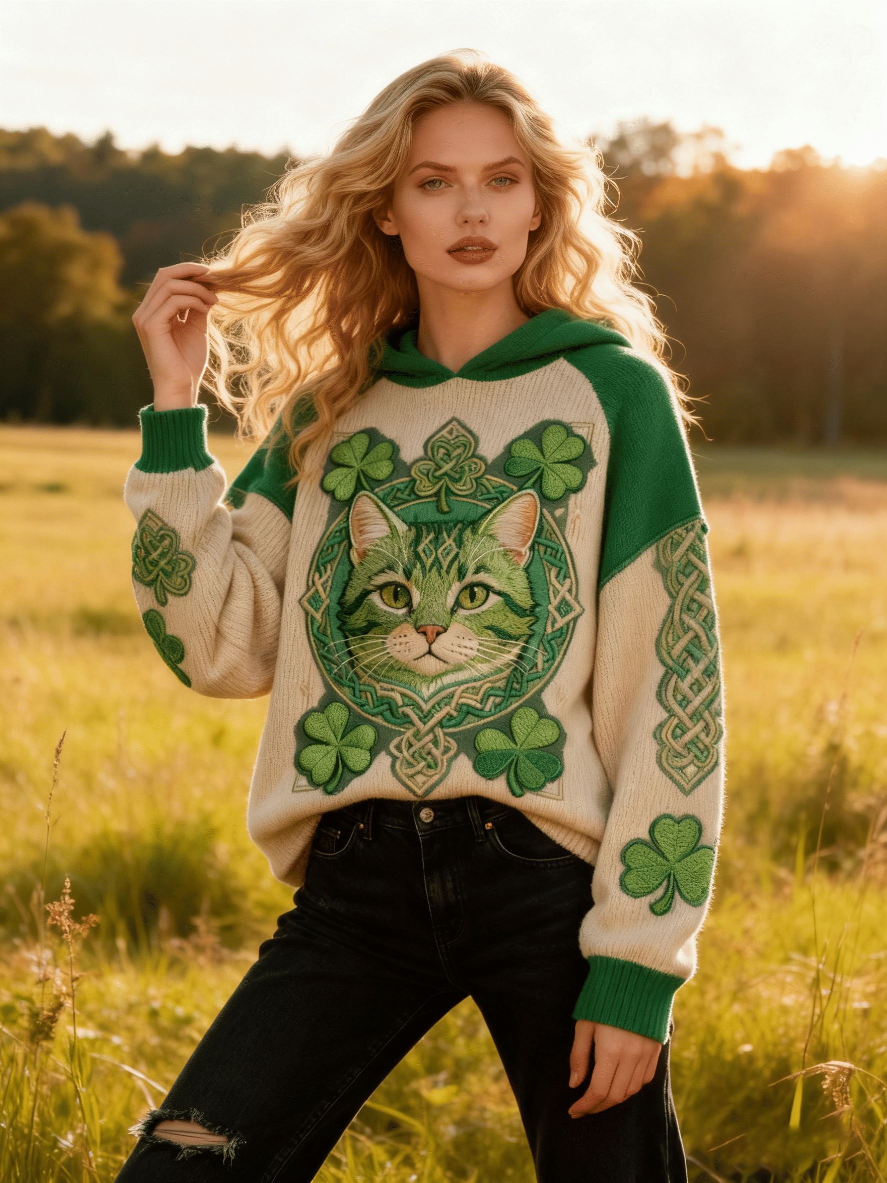 Women's St. Patrick's Day Color-Block Celtic-Style Lucky Cat & Clover Accent Hoodie