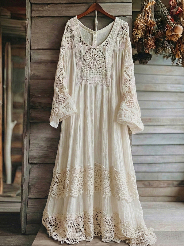 Women's Retro Lace Floral Pattern V-neck Long Sleeve Midi Dress