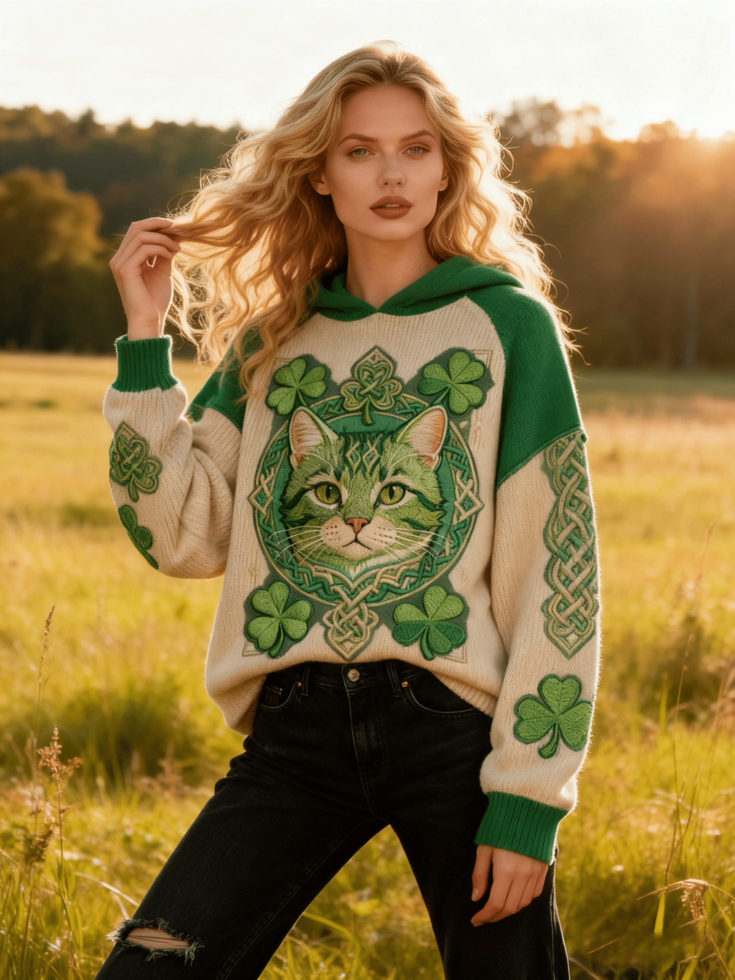 Women's St. Patrick's Day Color-Block Celtic-Style Lucky Cat & Clover Accent Hoodie