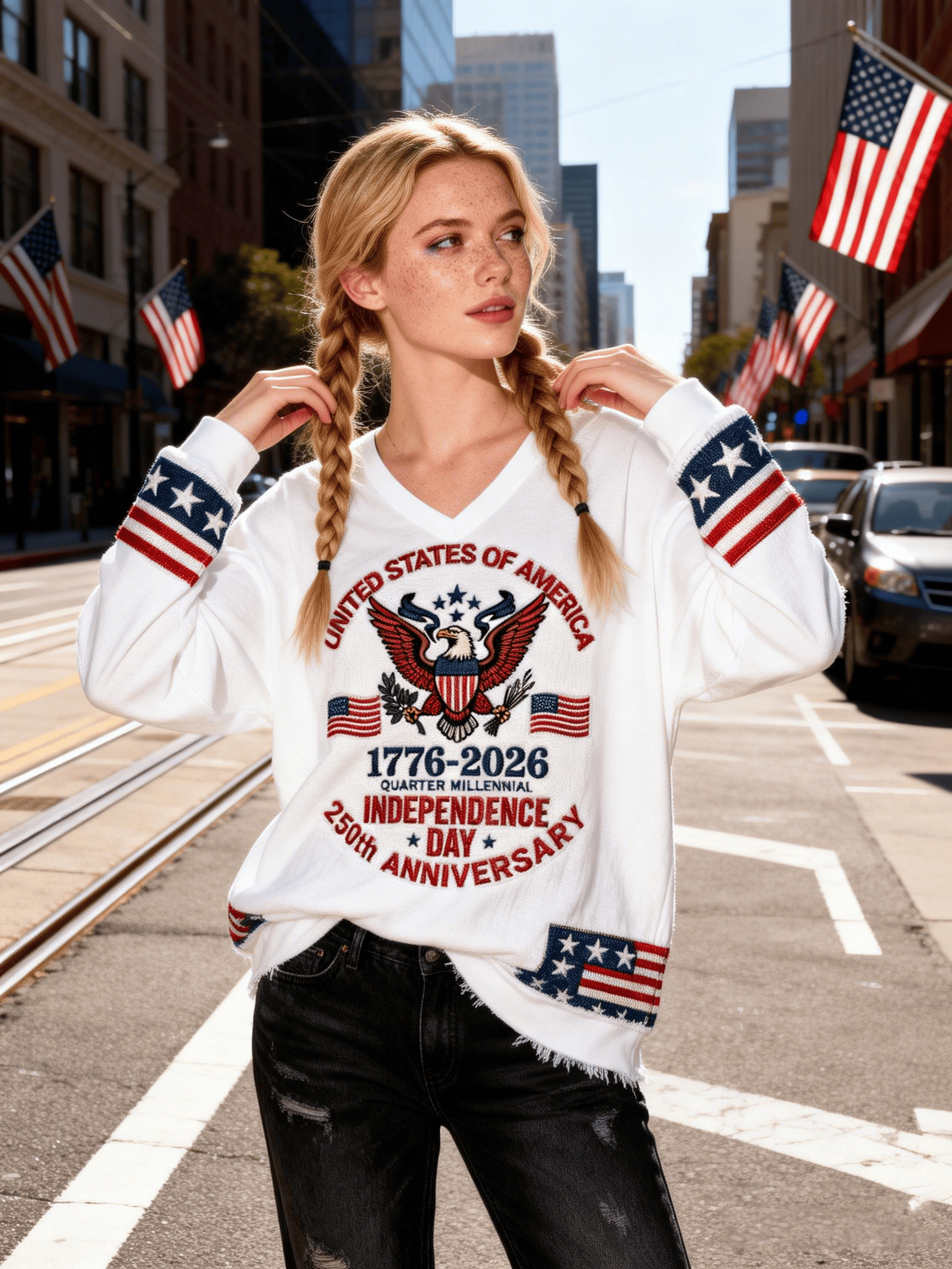 Women's USA 250th Independence Day Eagle V-Neck Sweater