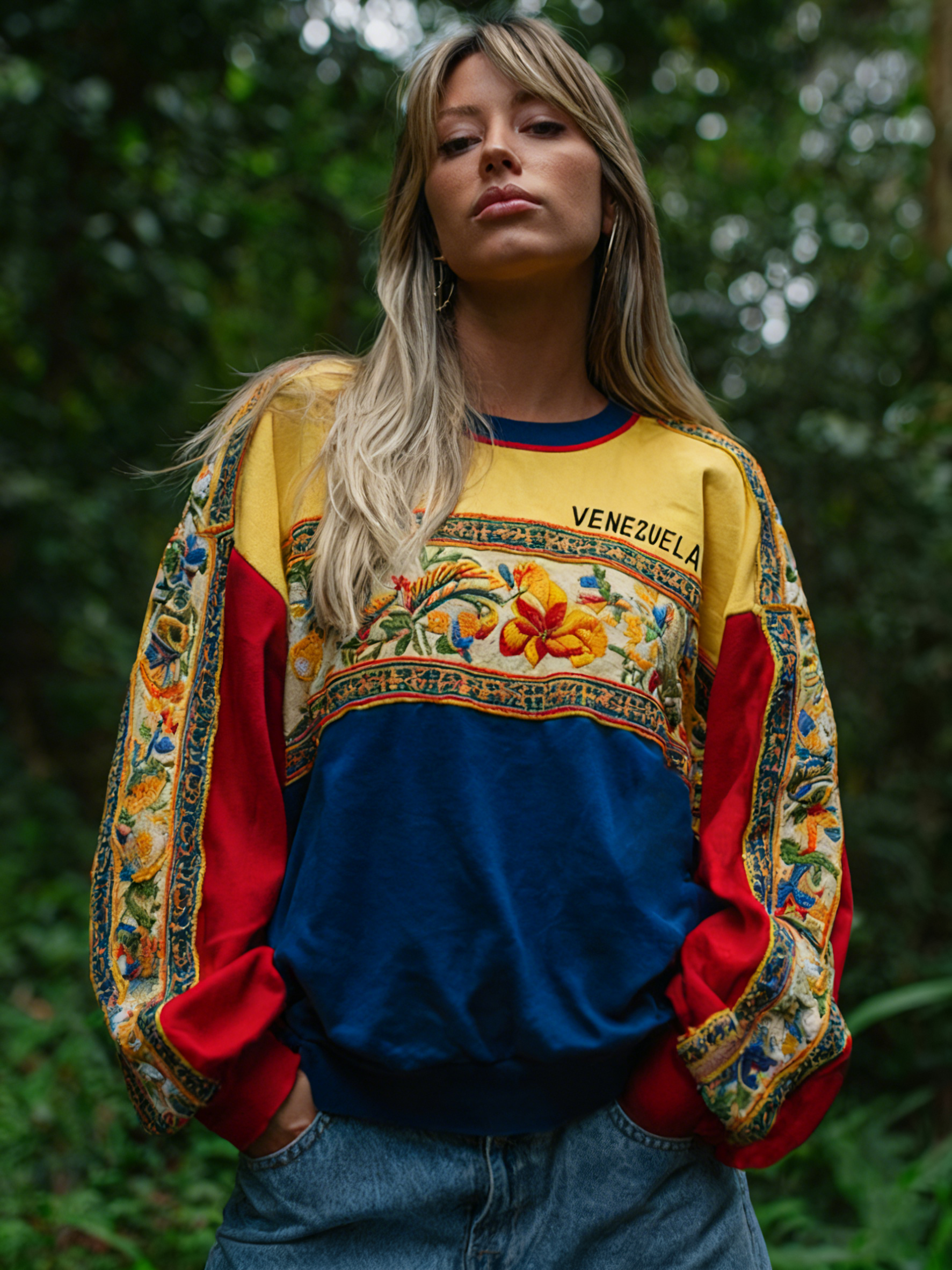 Retro Venezuela Inspired Ethnic Floral Color Blocking Cozy Crew Neck Sweatshirt