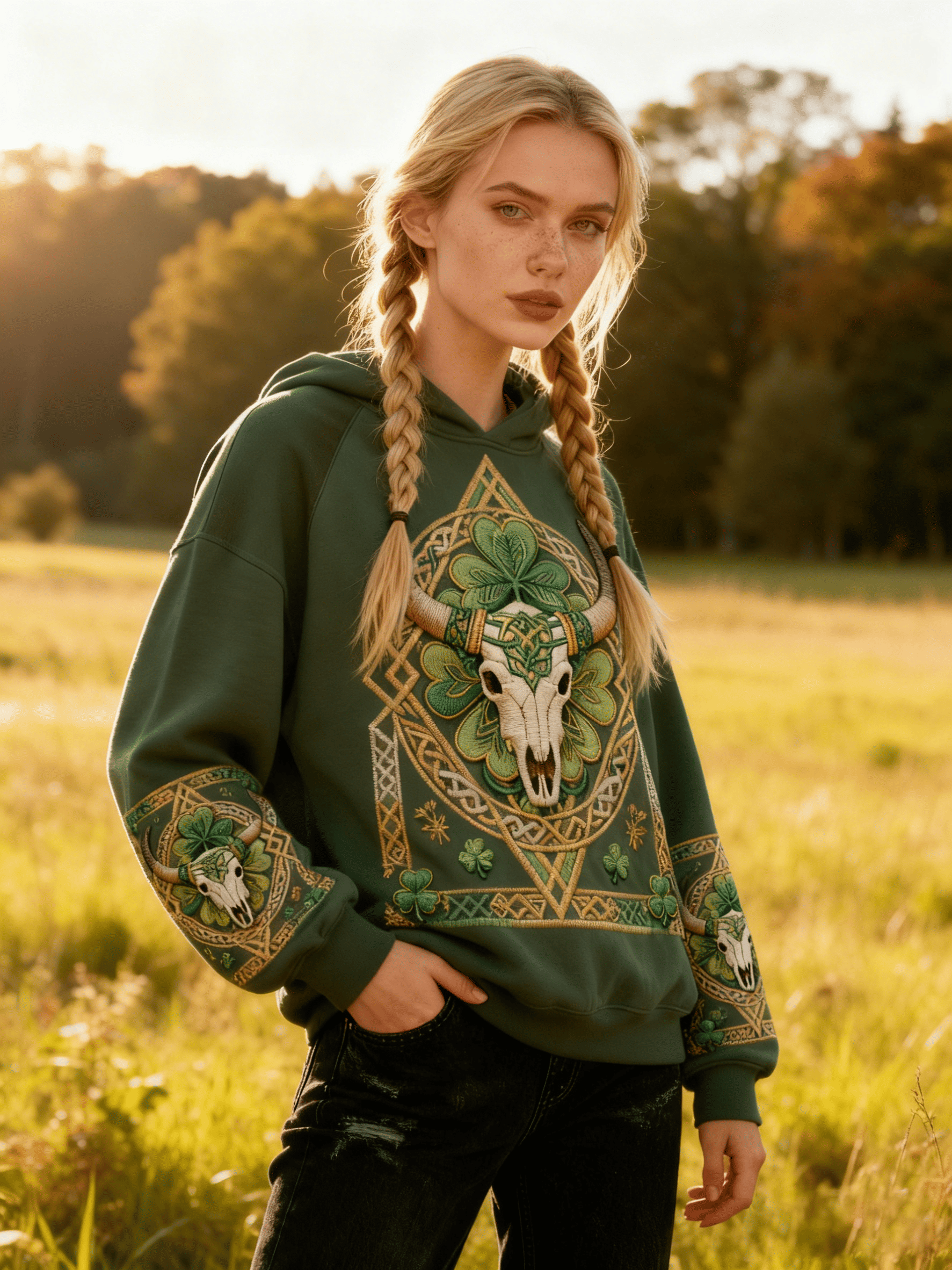 Women's St. Patrick's Day Bull Skull & Celtic Knot Clover Embroidered Oversized Hooded Knitwear