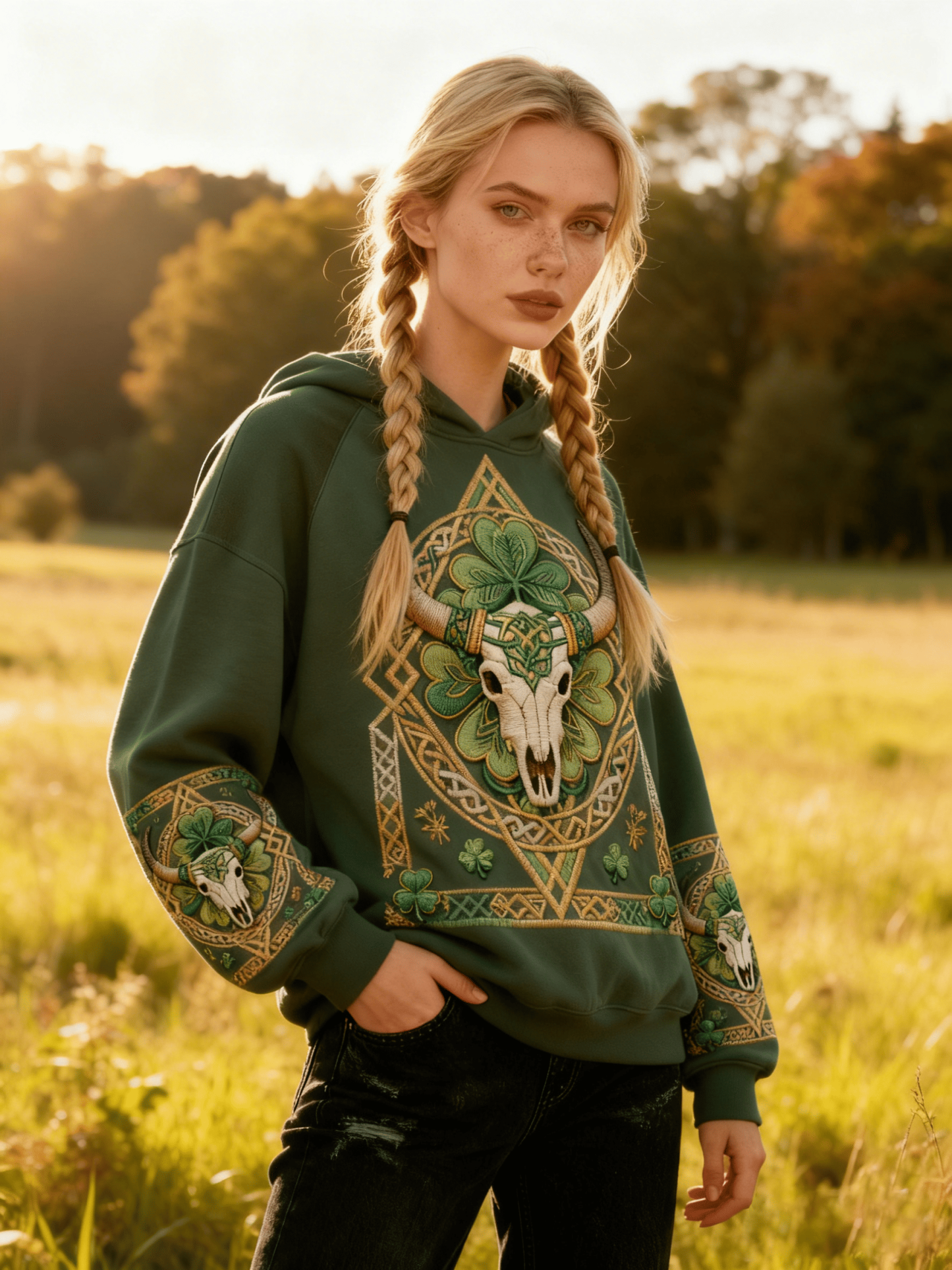 Women's St. Patrick's Day Bull Skull & Celtic Knot Clover Embroidered Oversized Hooded Knitwear