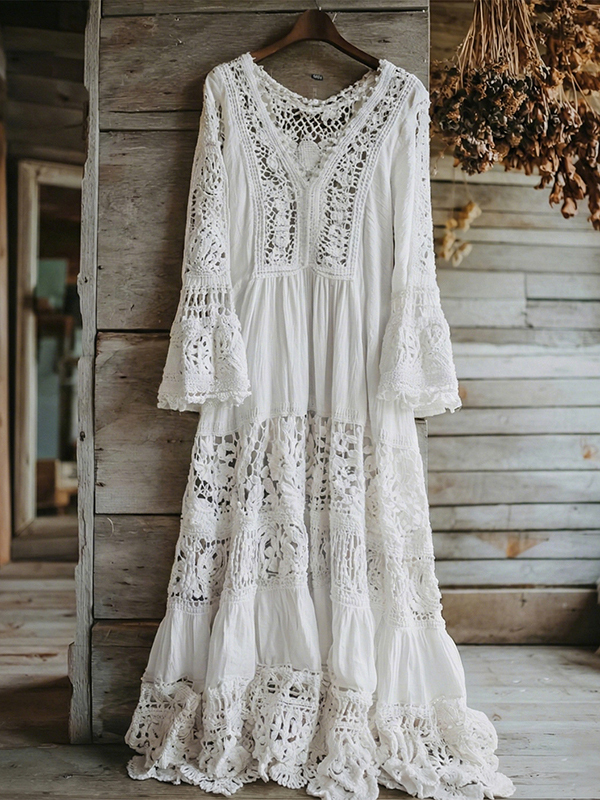 Women's Lace Floral Pattern V-neck Long Sleeve Midi Dress