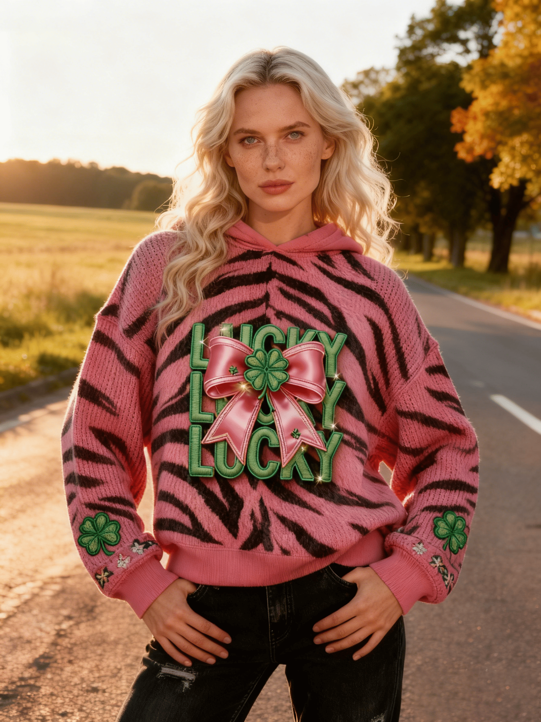 Women's St. Patrick's Day Pink & Black Zebra Print "LUCKY" Clover Accent Hooded Sweatshirt