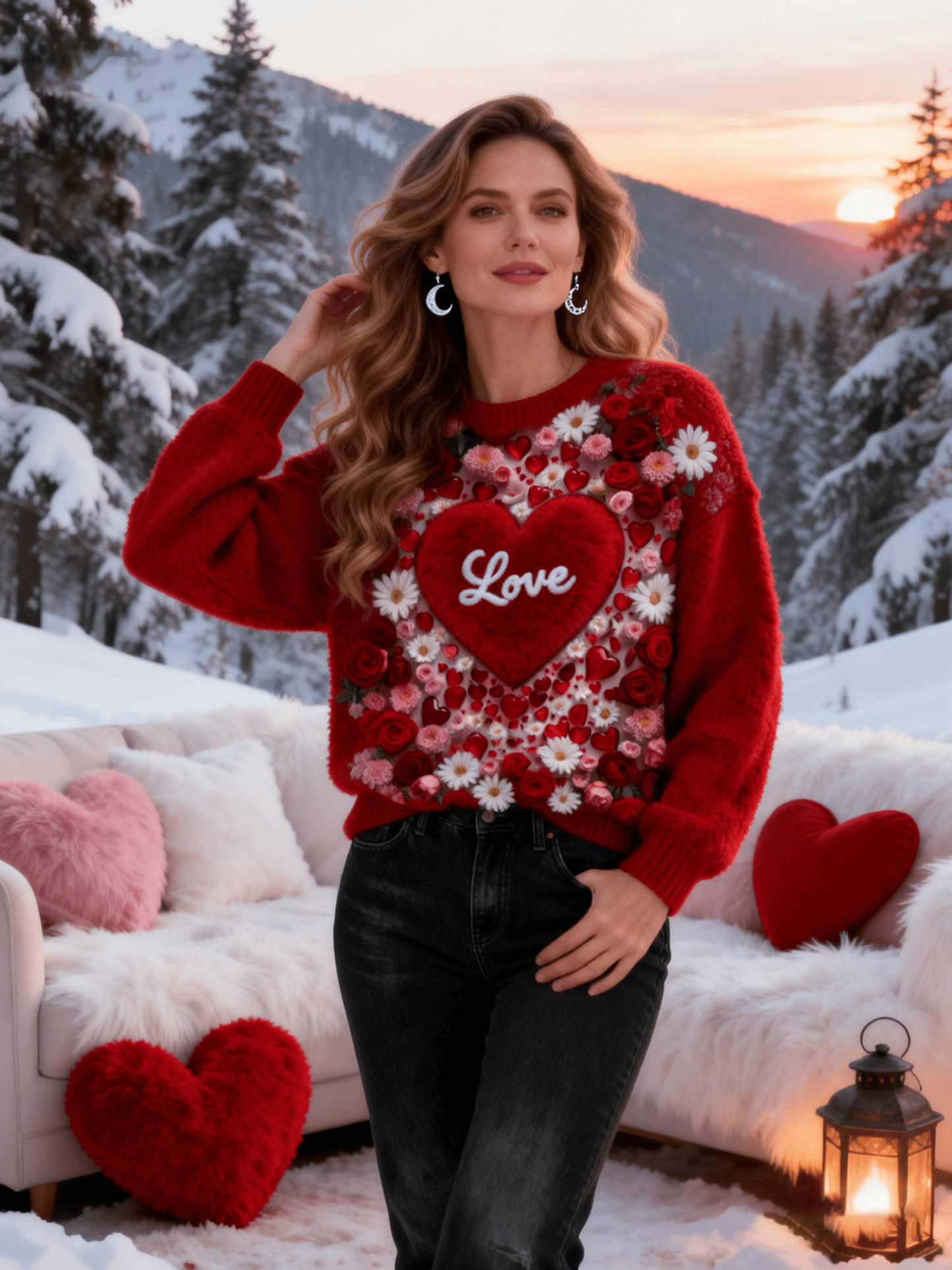 Women's Valentine's Day Limited 3D Heart Floral Red Fuzzy Sweater