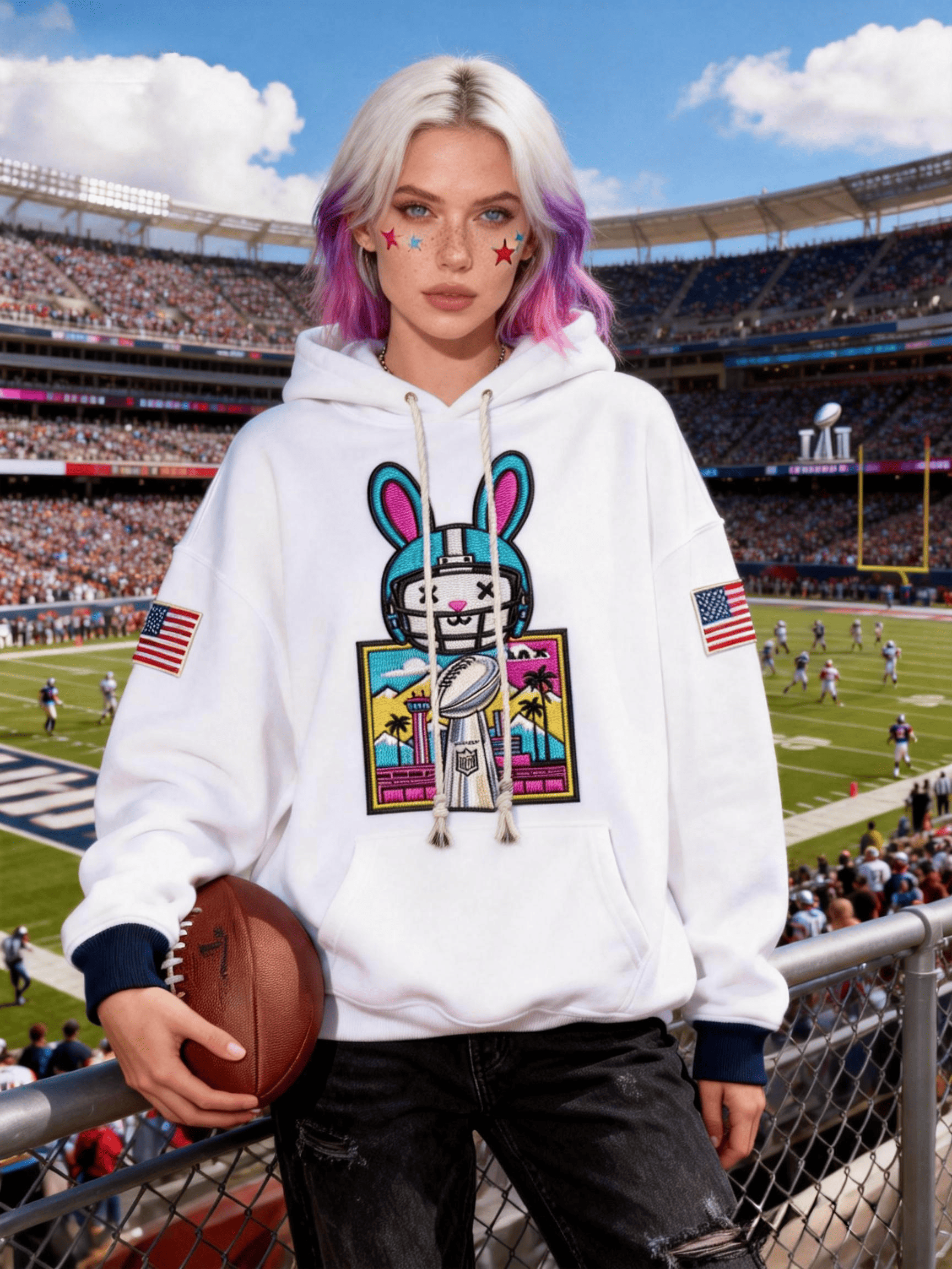 Women's White Bunny Helmet Super Bowl Hoodie