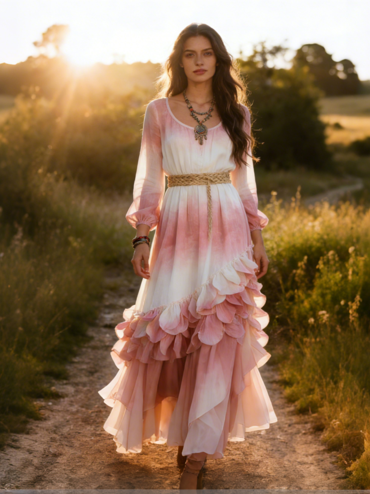 Vintage Boho Print Long Sleeve Flowy Maxi Dress