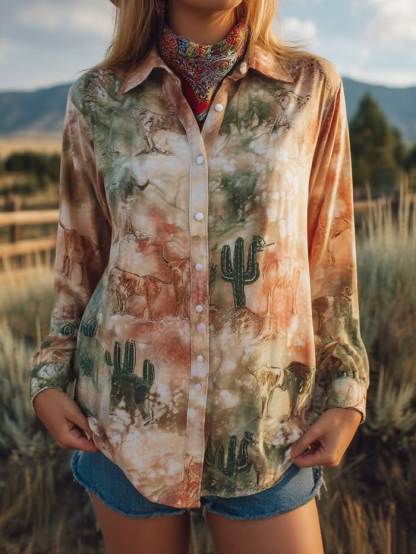 Women's Desert Cactus & Animal Print Western Shirt