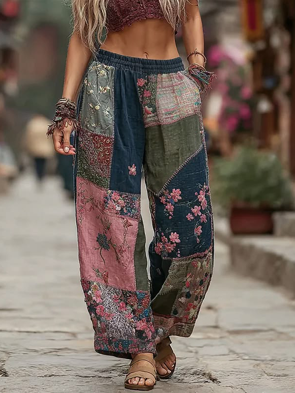 Women's Pink & Green Patchwork Floral Linen Wide-Leg Pants