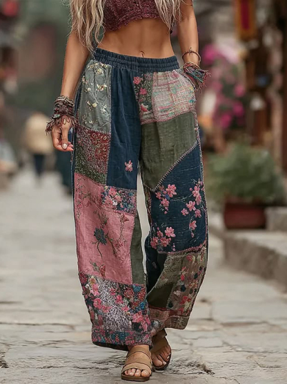 Women's Pink & Green Patchwork Floral Linen Wide-Leg Pants