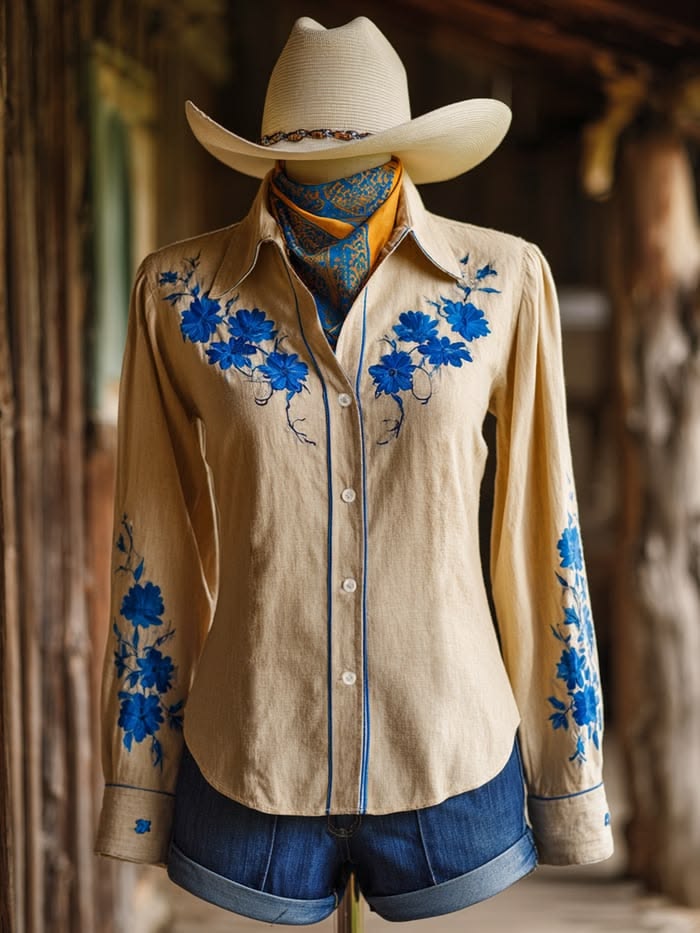 Women's Beige Western Shirt with Blue Floral Embroidery