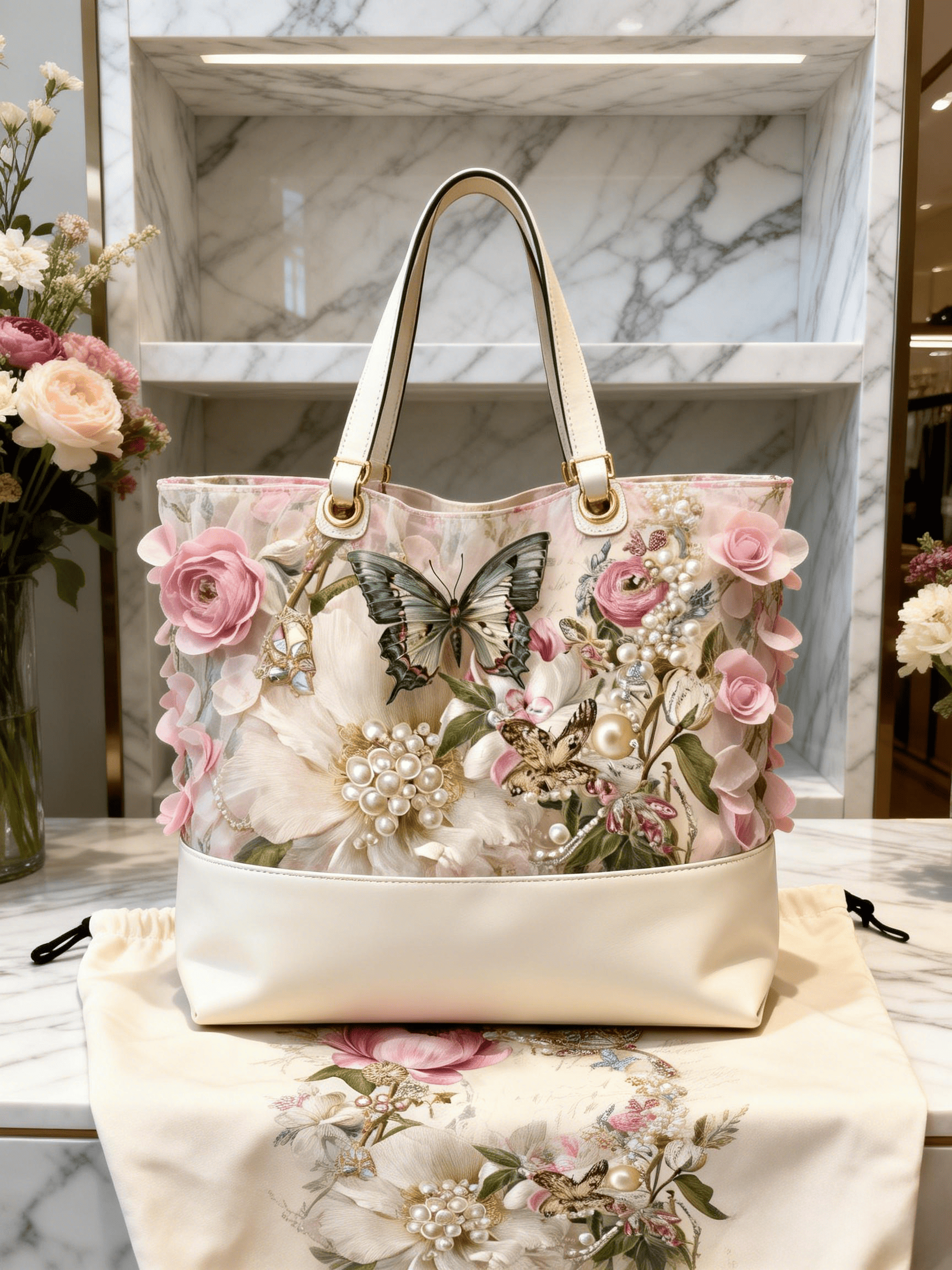 Beige Mesh Panel Pink Butterfly Floral Beaded Tote Bag