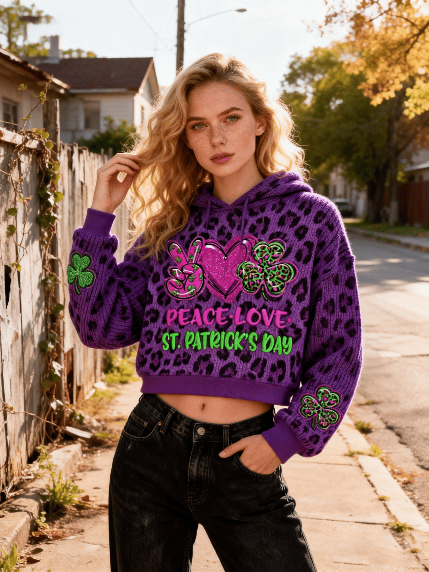 Women's Purple Leopard Print St. Patrick's Day Peace Love Clover Cropped Hooded Knit Sweater