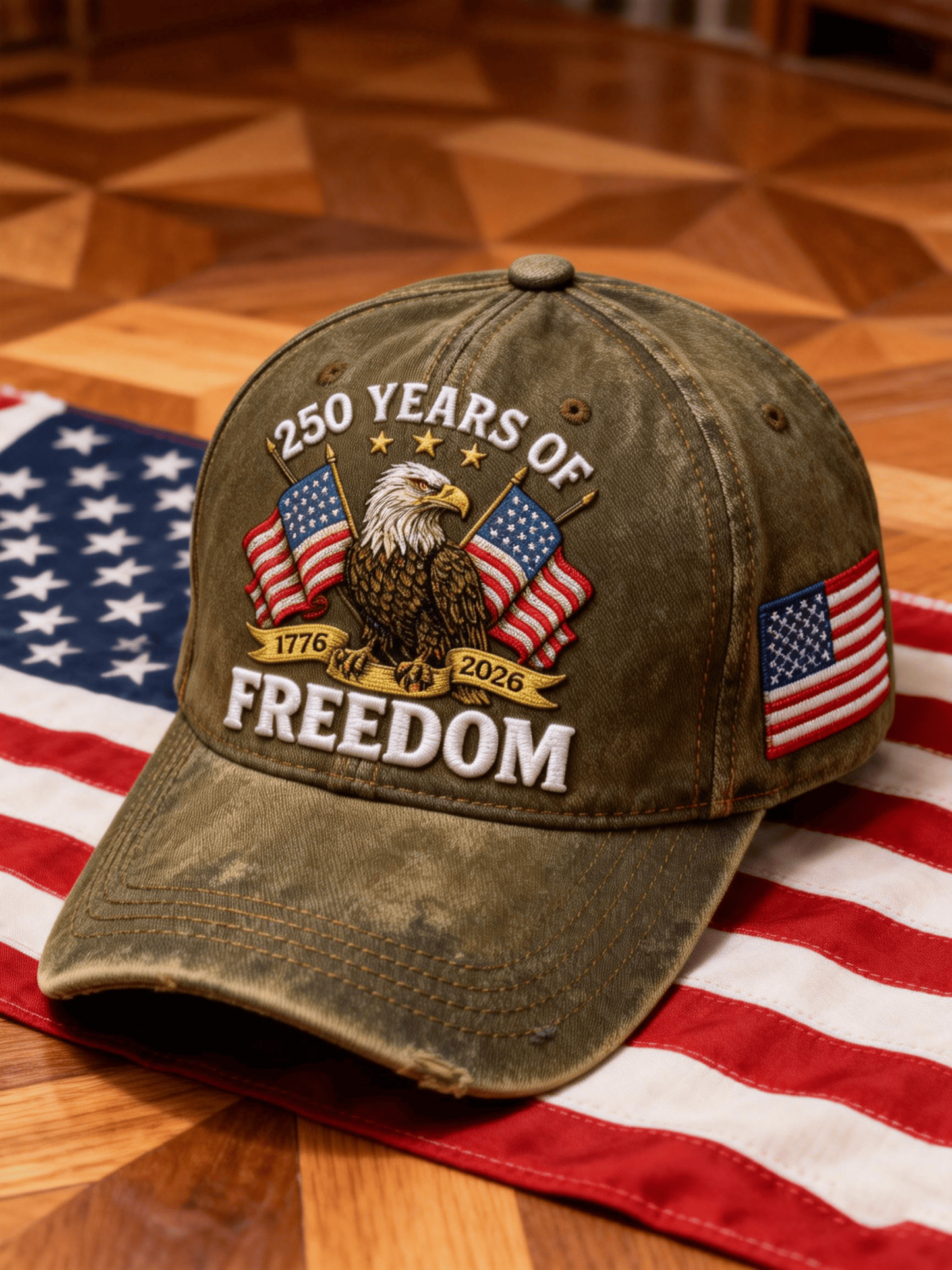 250th American Freedom Eagle & Flag Distressed Olive Cap