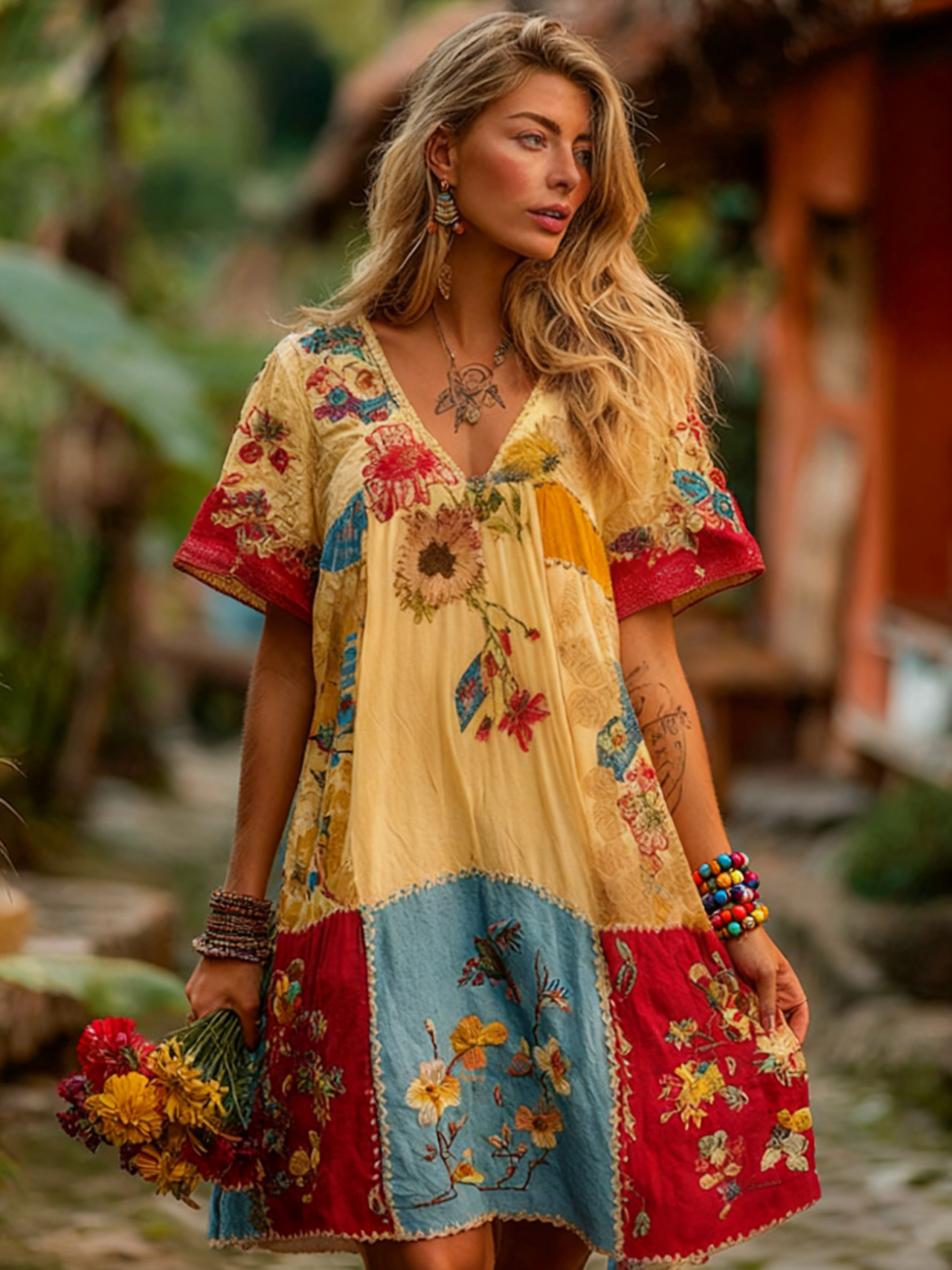 Women's Ethnic Floral Patchwork Linen V-neck Dress