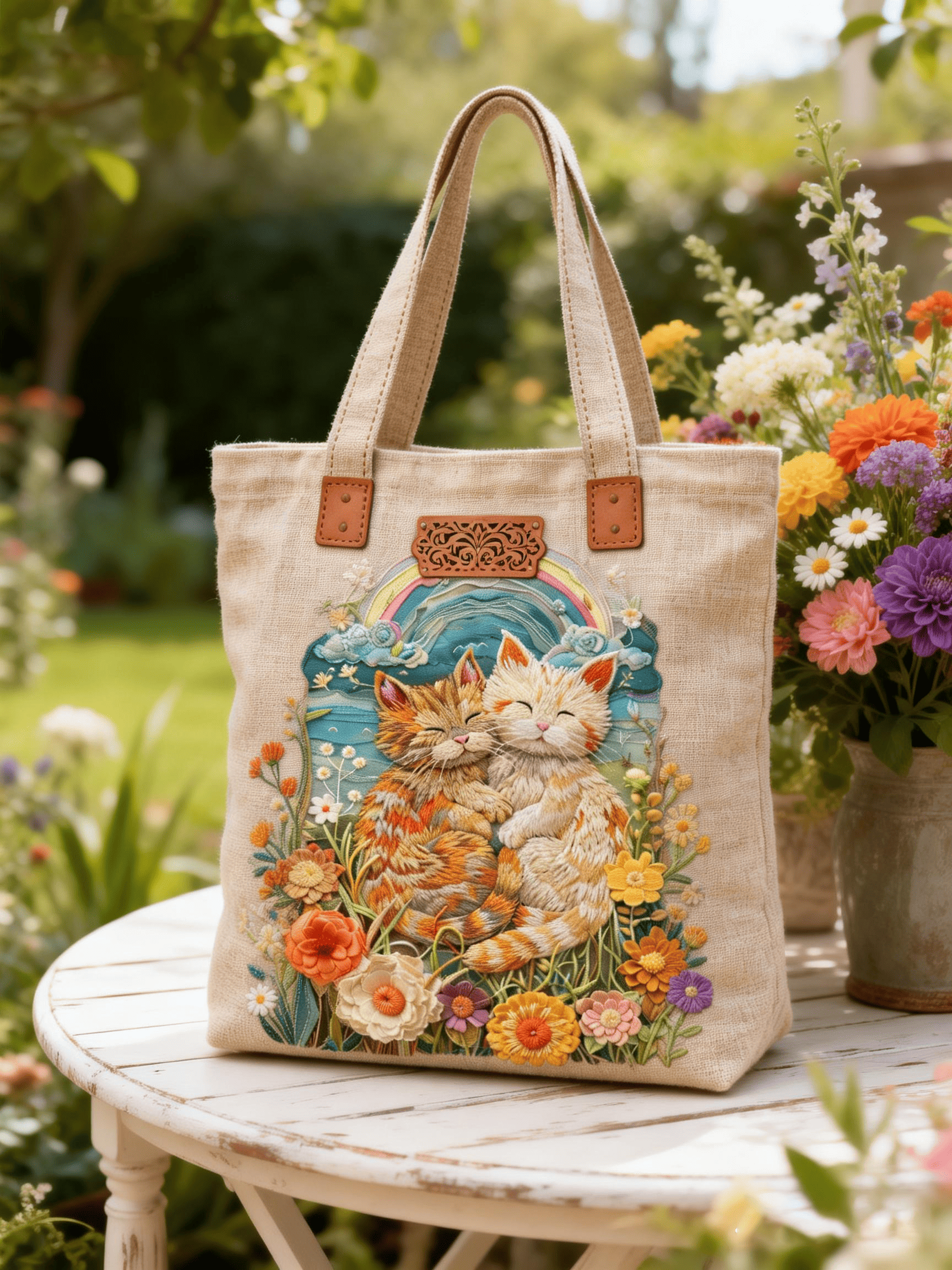 Two Orange Cats & Rainbow Floral Embroidered Tote Bag