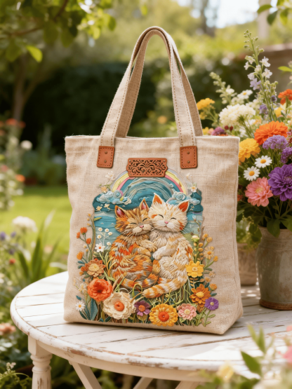 Two Orange Cats & Rainbow Floral Embroidered Tote Bag