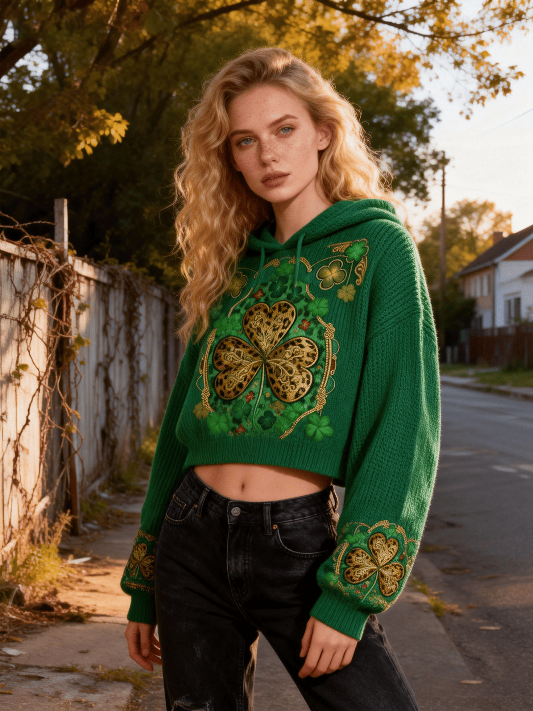 Women's St. Patrick's Day Green Base Gold Leopard Print Clover Celtic Pattern Cropped Hooded Knit Sweater