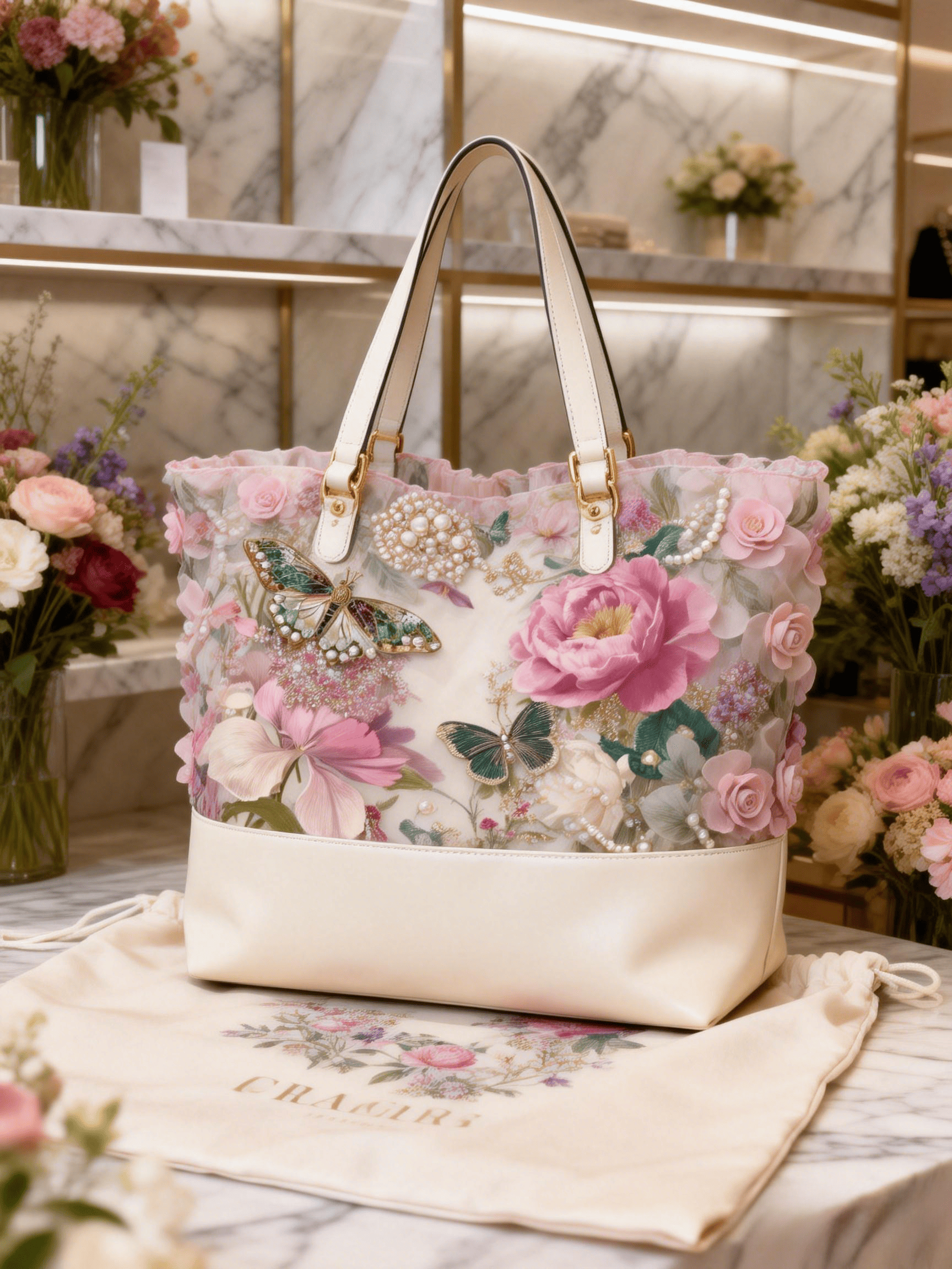 Beige Mesh Panel Peony Butterfly Beaded Tote Bag
