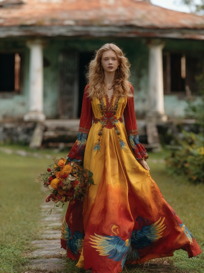 Women's Venezuelan Parrot Colorful V-neck Midi Dress