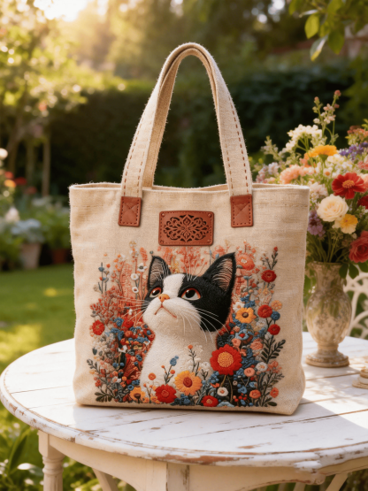 Black & White Cat Floral Embroidered Tote Bag