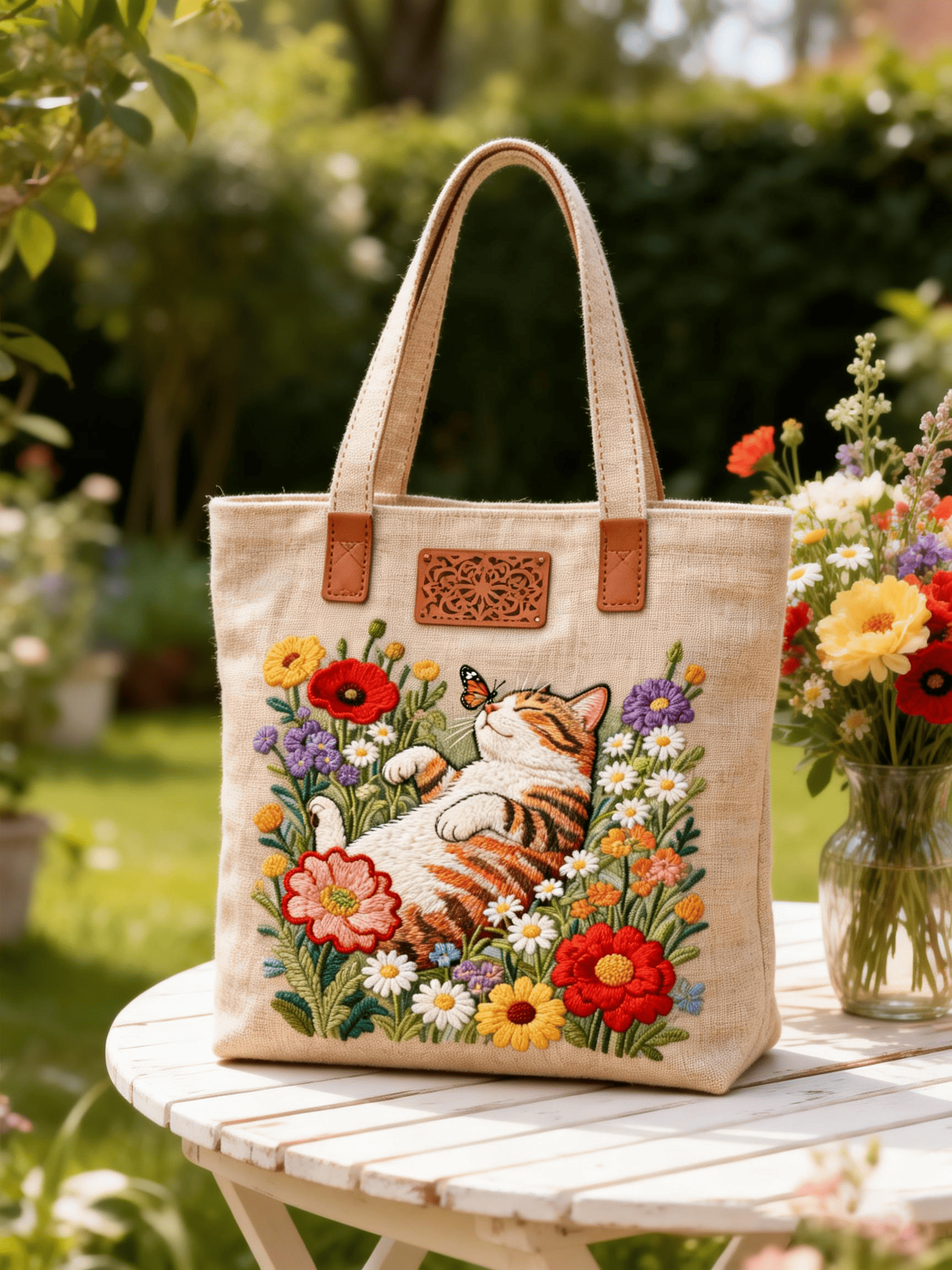Lying Orange Cat Floral Embroidered Tote Bag