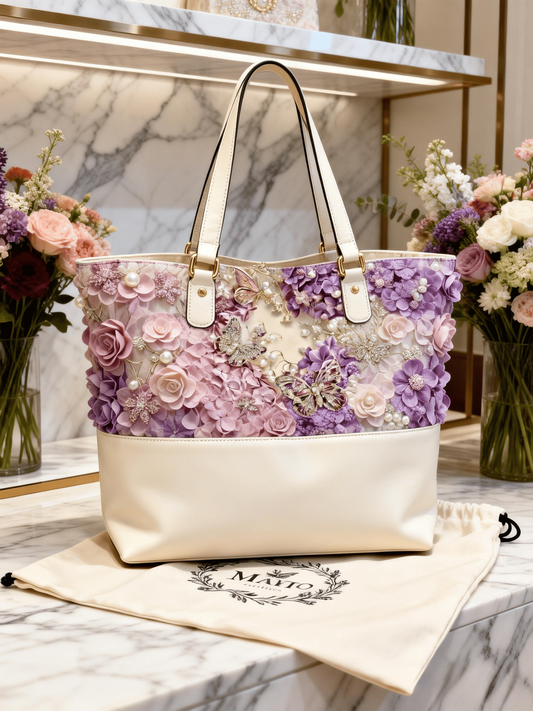 Beige Mesh Panel Purple Pink Gradient Floral Beaded Tote Bag