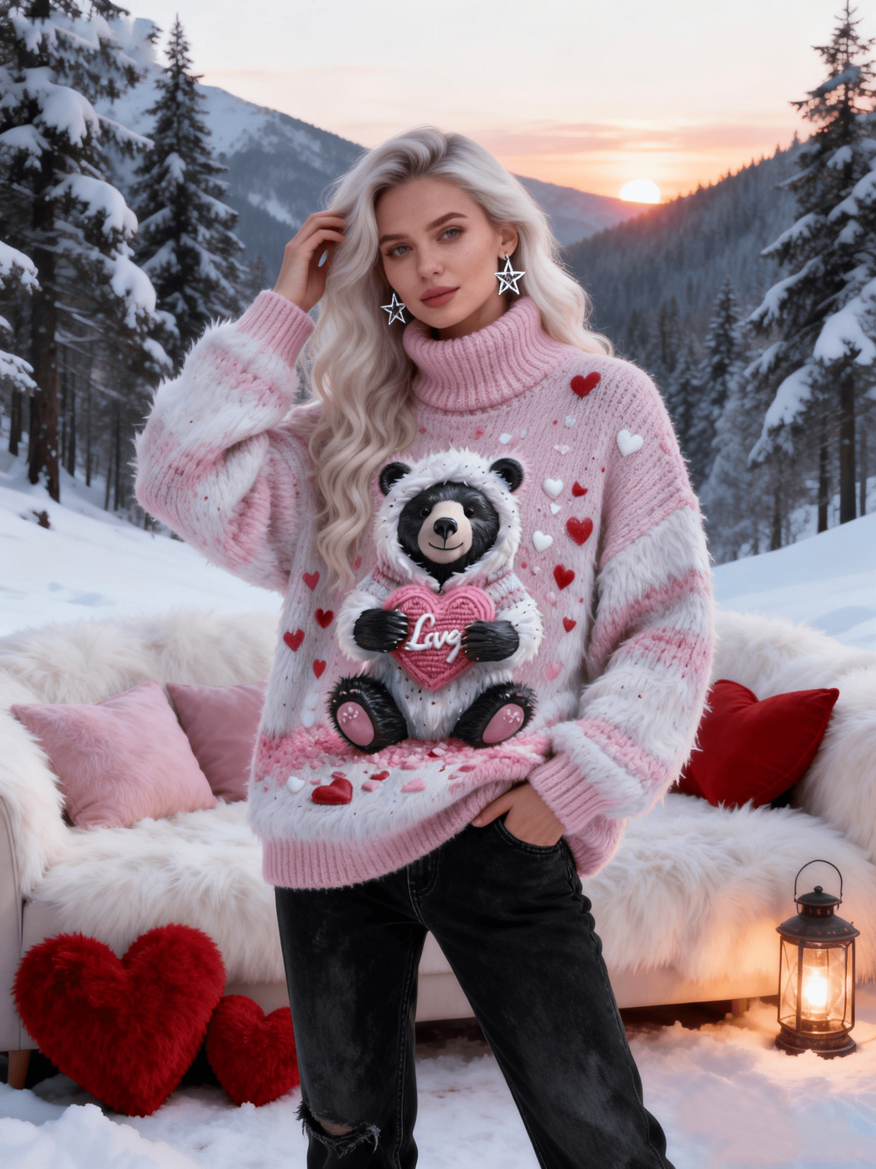 Women's Pink & White Bear Holding Heart "Love" Turtleneck Sweater