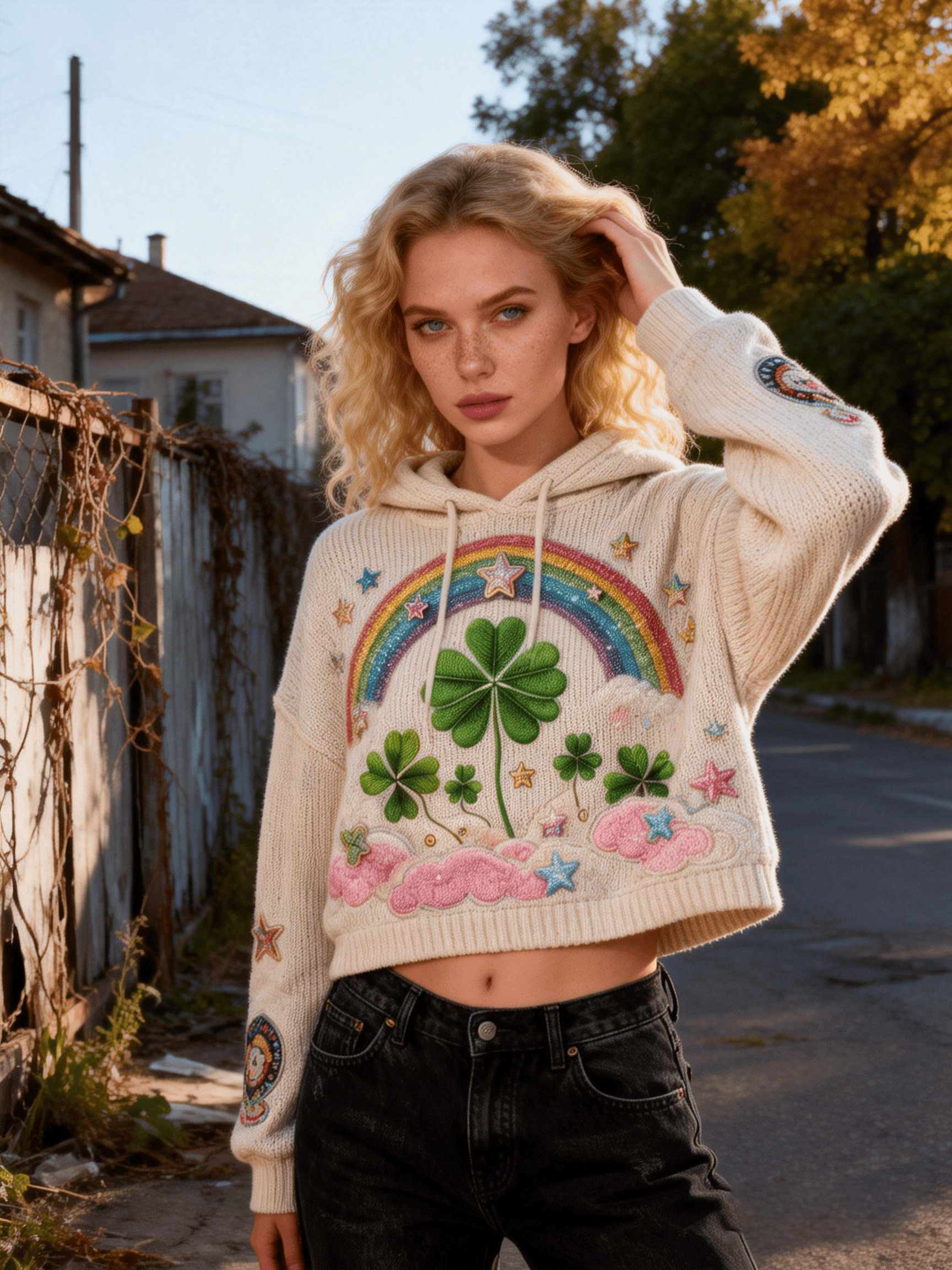 Women's St. Patrick's Day Cream Base Rainbow Clover Star & Cloud Cropped Hooded Knit Sweater