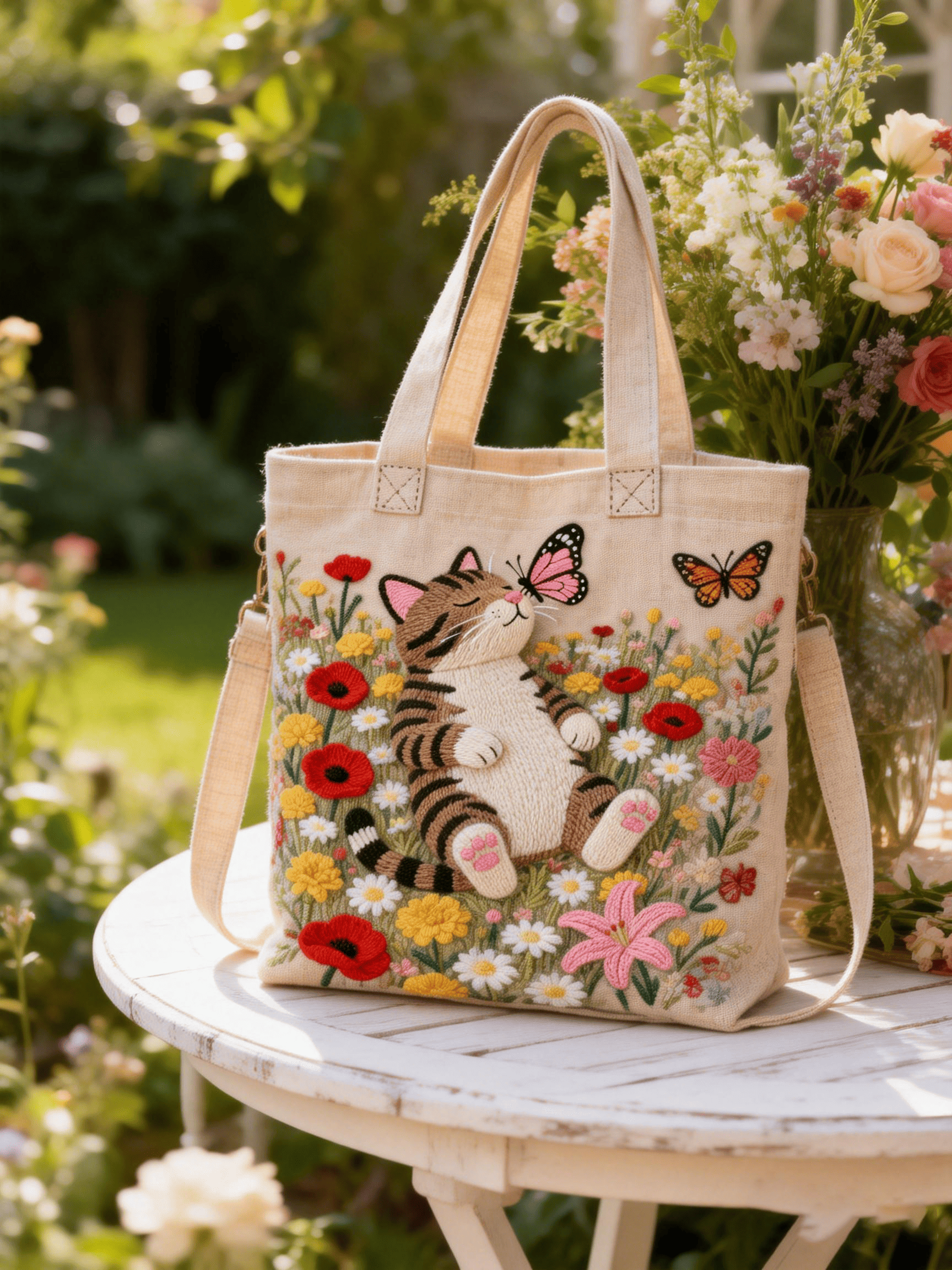 Orange Cat & Butterfly Floral Embroidered Tote Bag