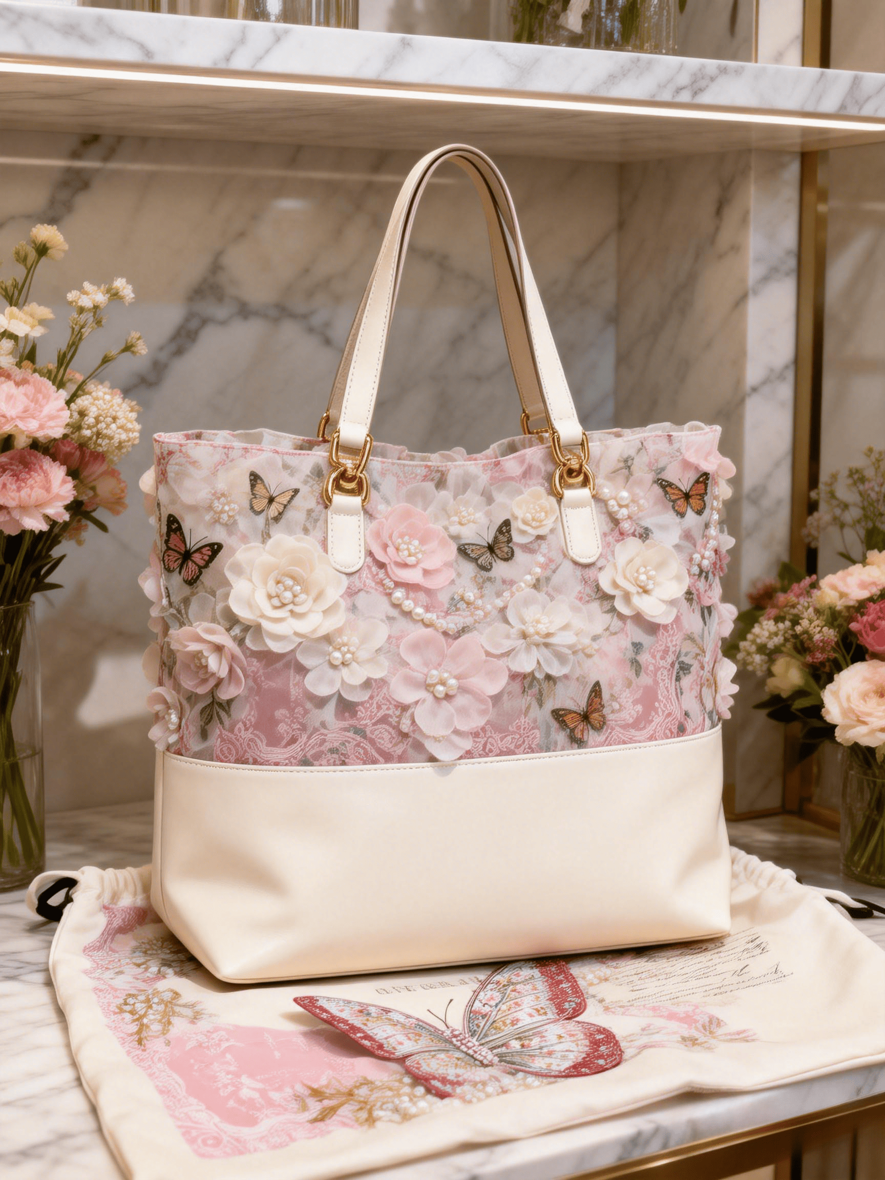 Beige Mesh Panel Lace Butterfly Floral Beaded Tote Bag