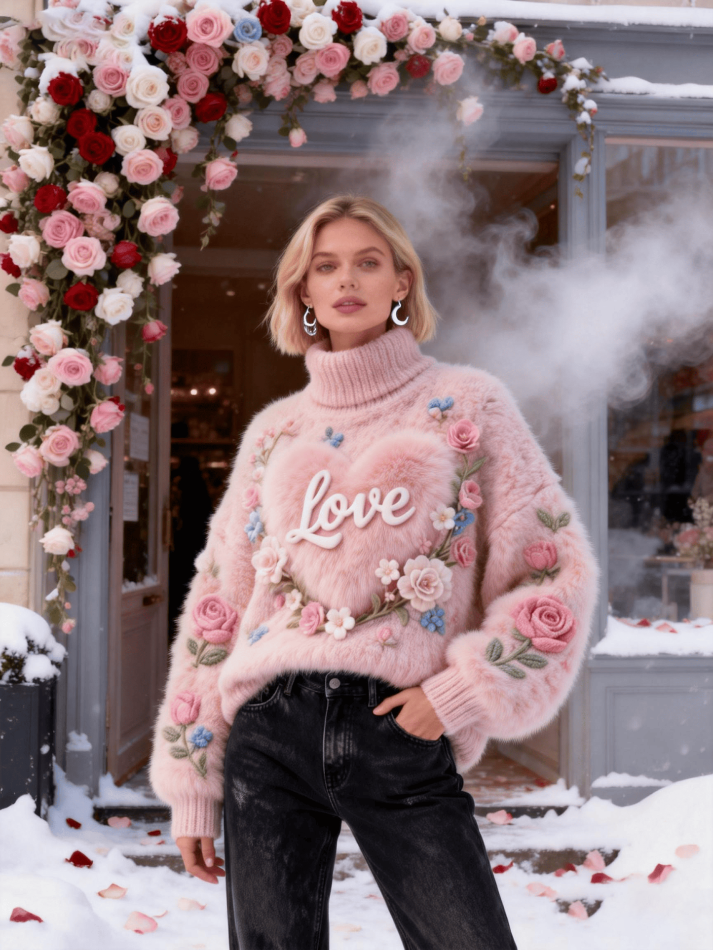 Women's Pink Base Flower & Heart "Love" Turtleneck Sweater