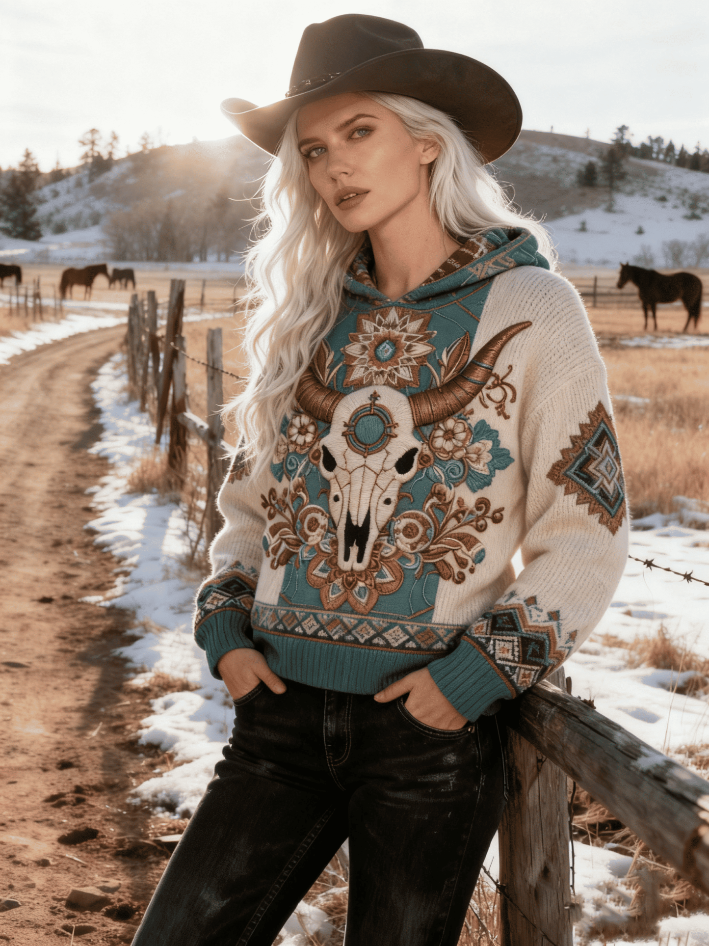 Women's Western Retro Bull Skull Floral Totem Color-Block Hooded Sweater