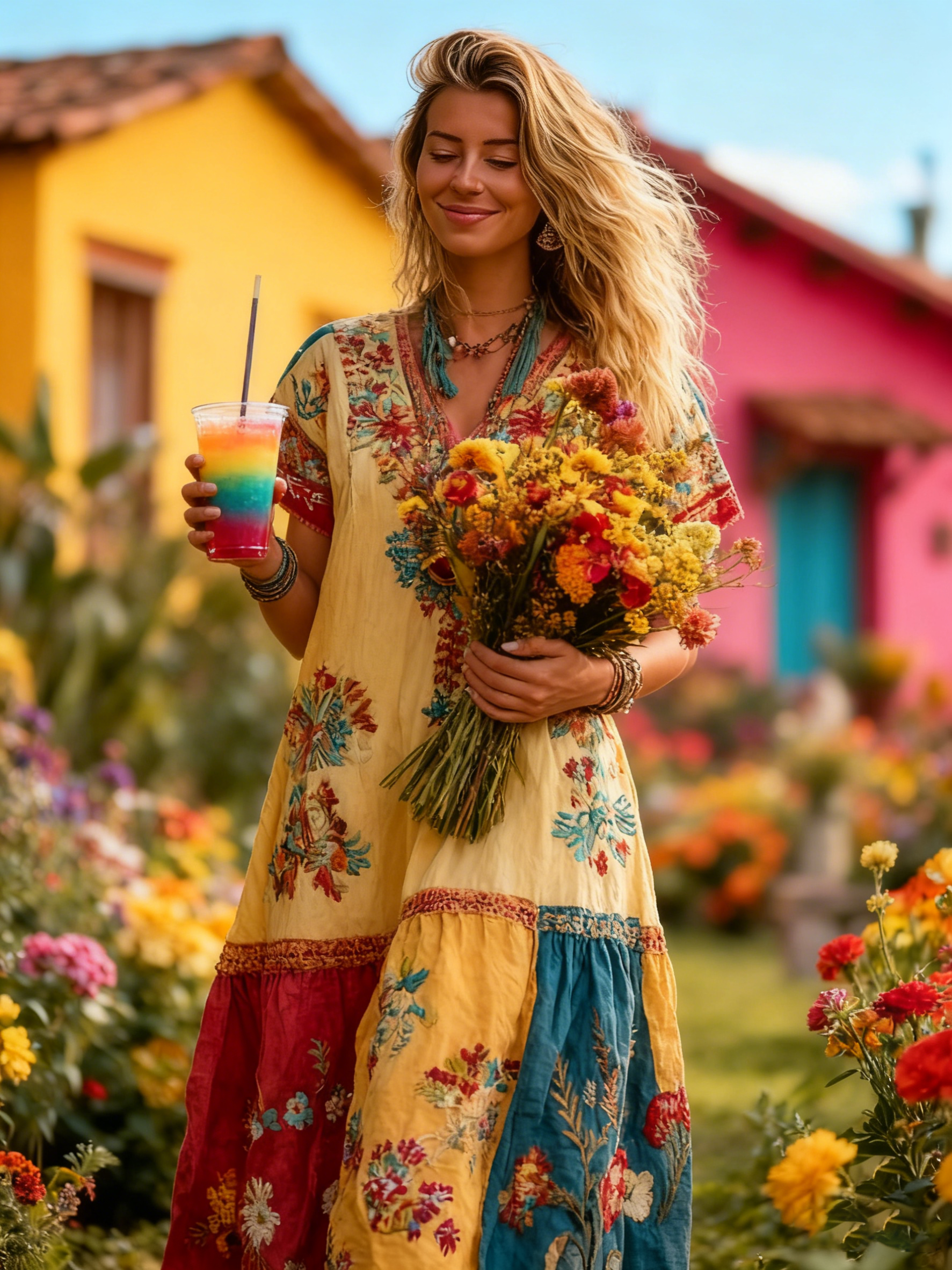 Women's Ethnic Floral Patchwork Linen Short-sleeved Dress